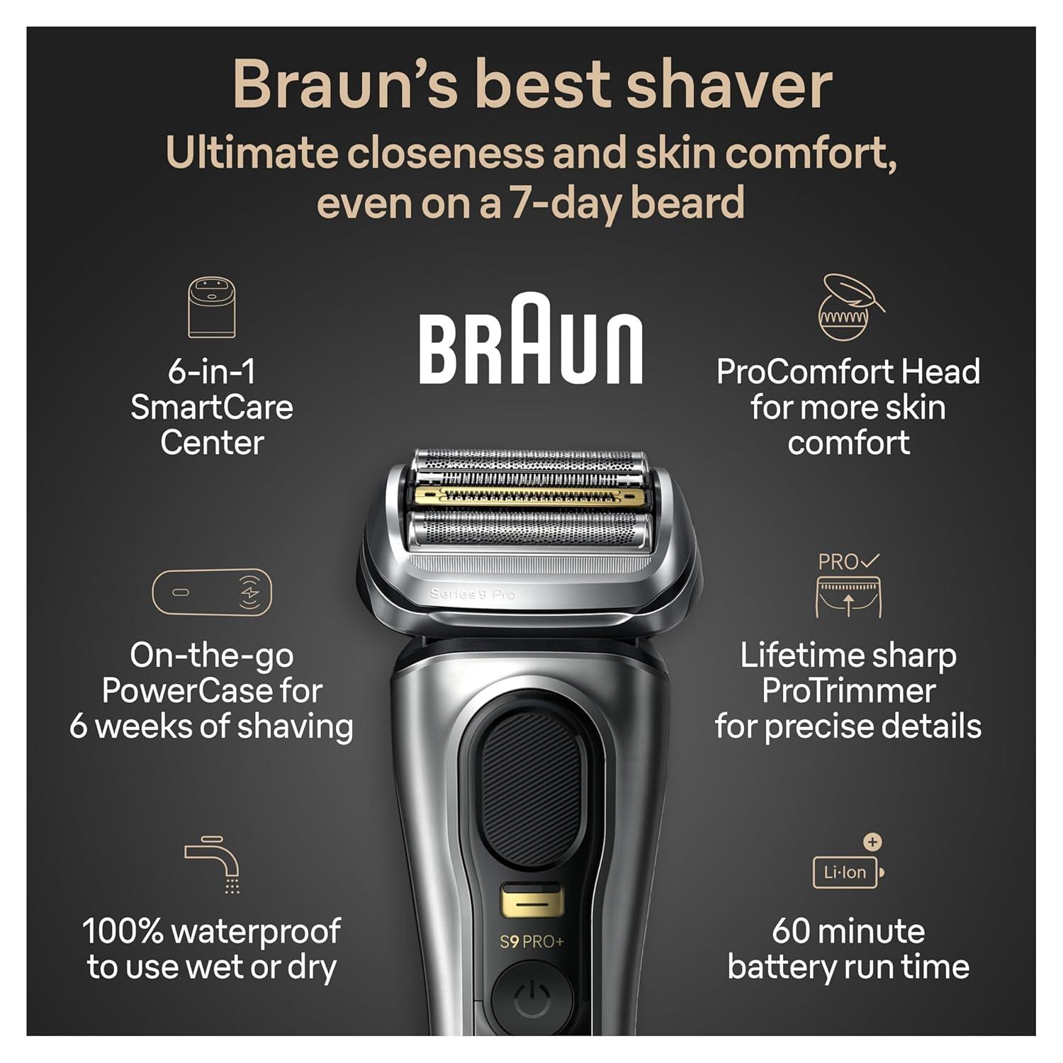 Braun Series 9 Pro 9487cc Electric Razor for Men, Wet & Dry, Rechargeable, Electric Shaver with Clean & Charge Station and ProCare Attachment, Holiday Gifts for Men(9599cc)