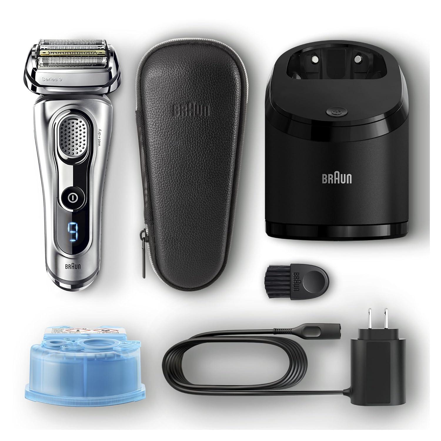 Braun Electric Razor for Men Foil Shaver with Precision Beard Trimmer, Rechargeable, Wet & Dry, Clean & Charge Station and Leather Travel Case, 6 Piece Set(9291cc)