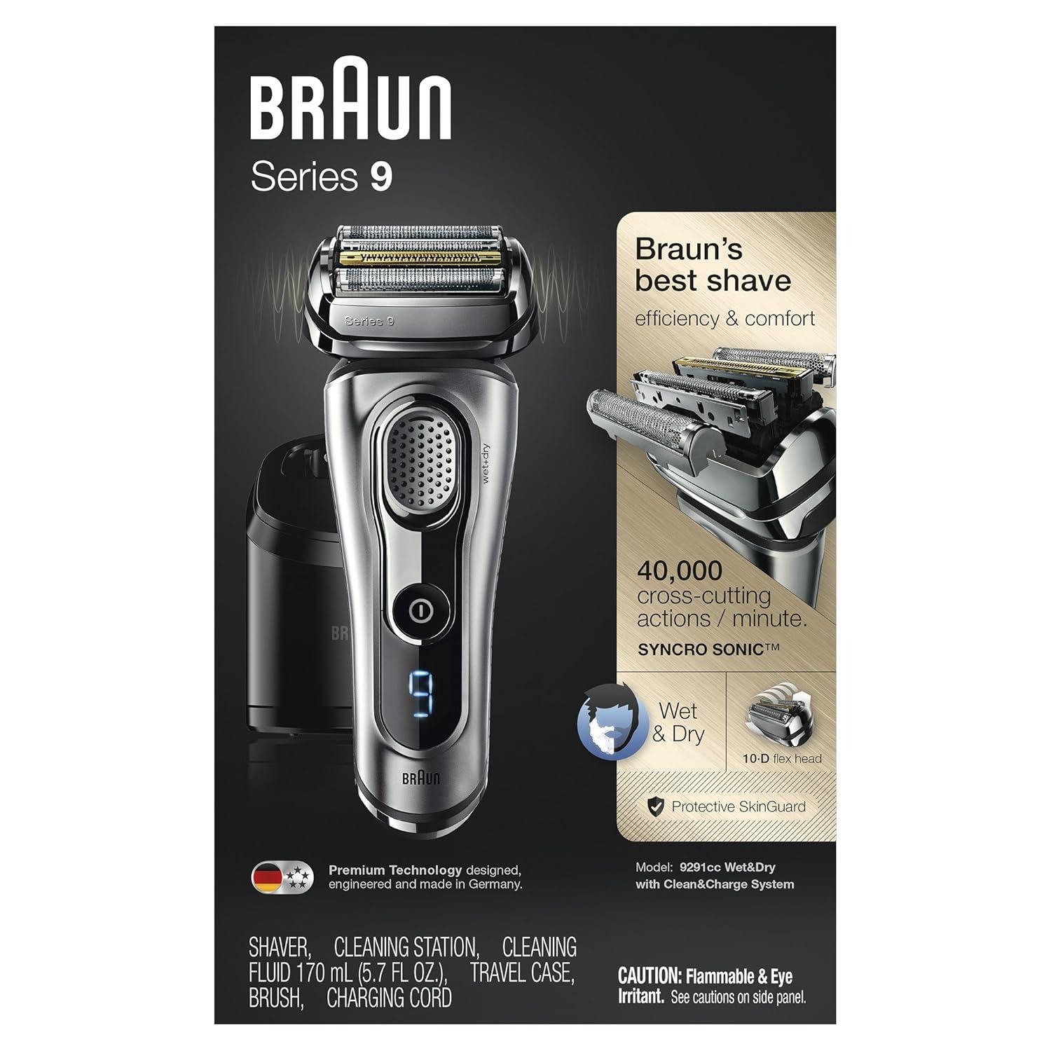 Braun Electric Razor for Men Foil Shaver with Precision Beard Trimmer, Rechargeable, Wet & Dry, Clean & Charge Station and Leather Travel Case, 6 Piece Set(9291cc)
