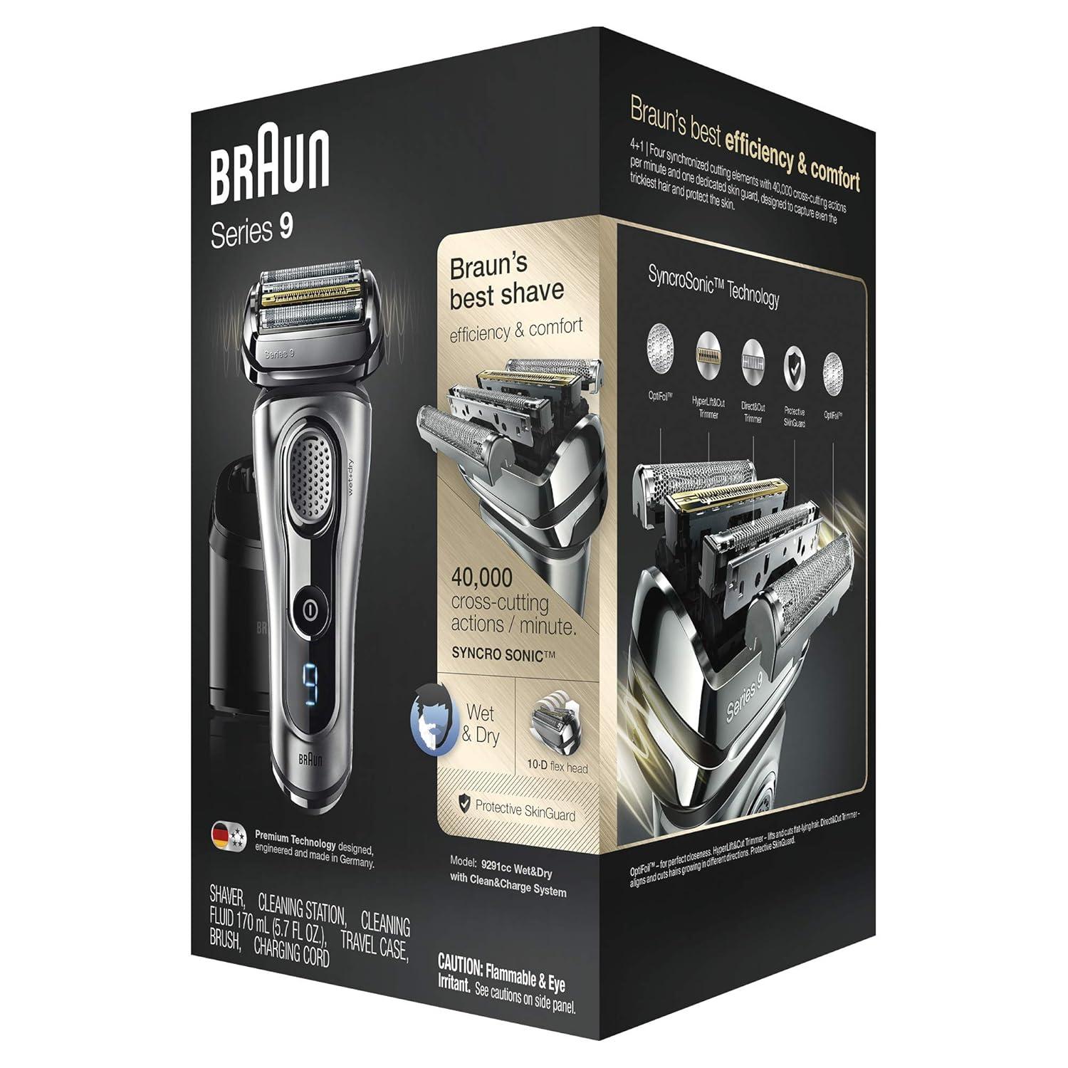 Braun Electric Razor for Men Foil Shaver with Precision Beard Trimmer, Rechargeable, Wet & Dry, Clean & Charge Station and Leather Travel Case, 6 Piece Set(9291cc)