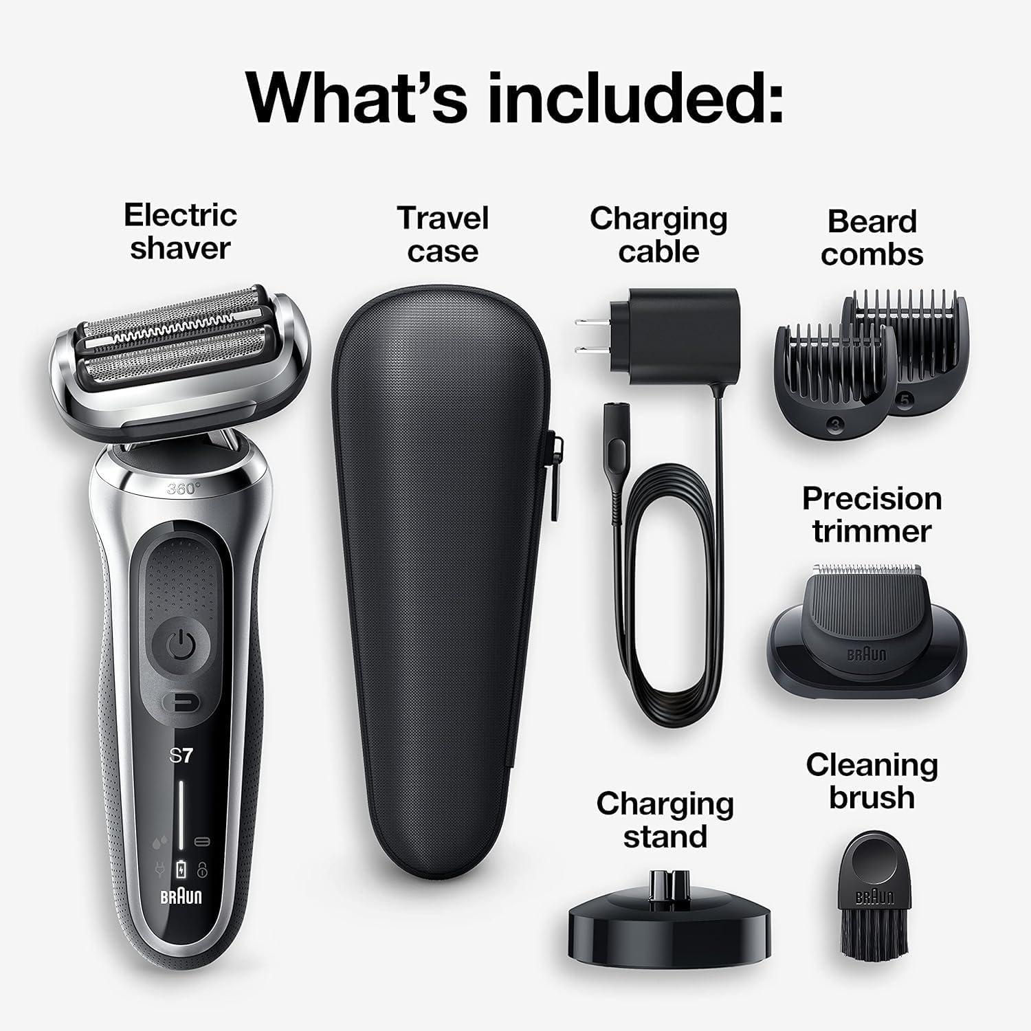 Braun Electric Shaver for Men, Series 7 7127cs, Wet & Dry Shave, Turbo & Gentle Shaving Modes, Waterproof Foil Shaver, Engineered in Germany, with Beard Trimmer, Charging Stand, Space Grey(7027cs)