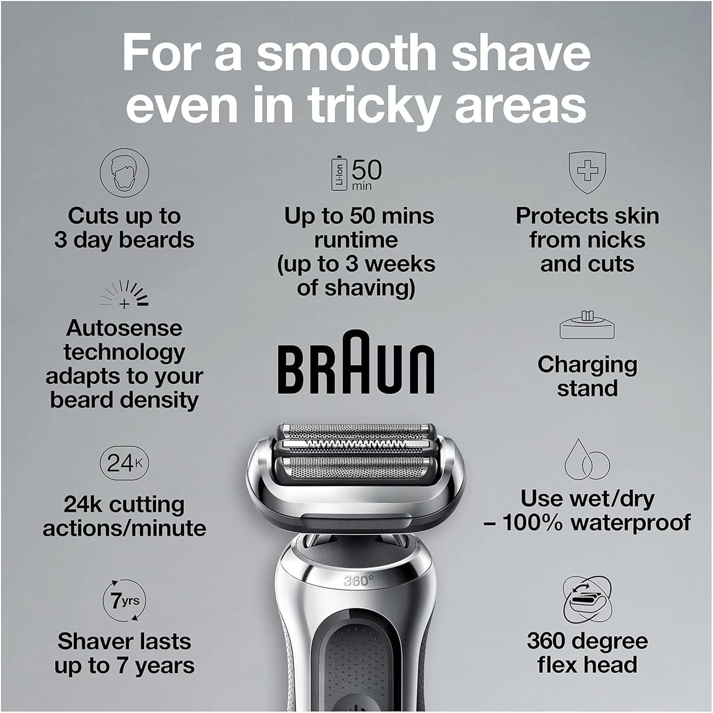 Braun Electric Shaver for Men, Series 7 7127cs, Wet & Dry Shave, Turbo & Gentle Shaving Modes, Waterproof Foil Shaver, Engineered in Germany, with Beard Trimmer, Charging Stand, Space Grey(7027cs)