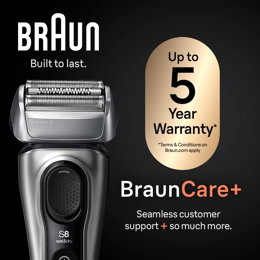 Braun Electric Razor for Men, Series 8 8457cc Electric Foil Shaver with Precision Beard Trimmer, Cleaning & Charging SmartCare Center, Galvano Silver