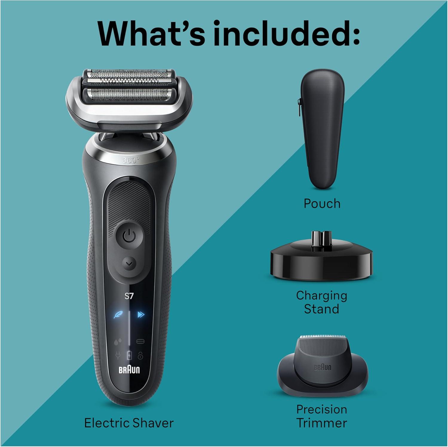 Braun Electric Shaver for Men, Series 7 7127cs, Wet & Dry Shave, Turbo & Gentle Shaving Modes, Waterproof Foil Shaver, Engineered in Germany, with Beard Trimmer, Charging Stand, Space Grey(7127cs)