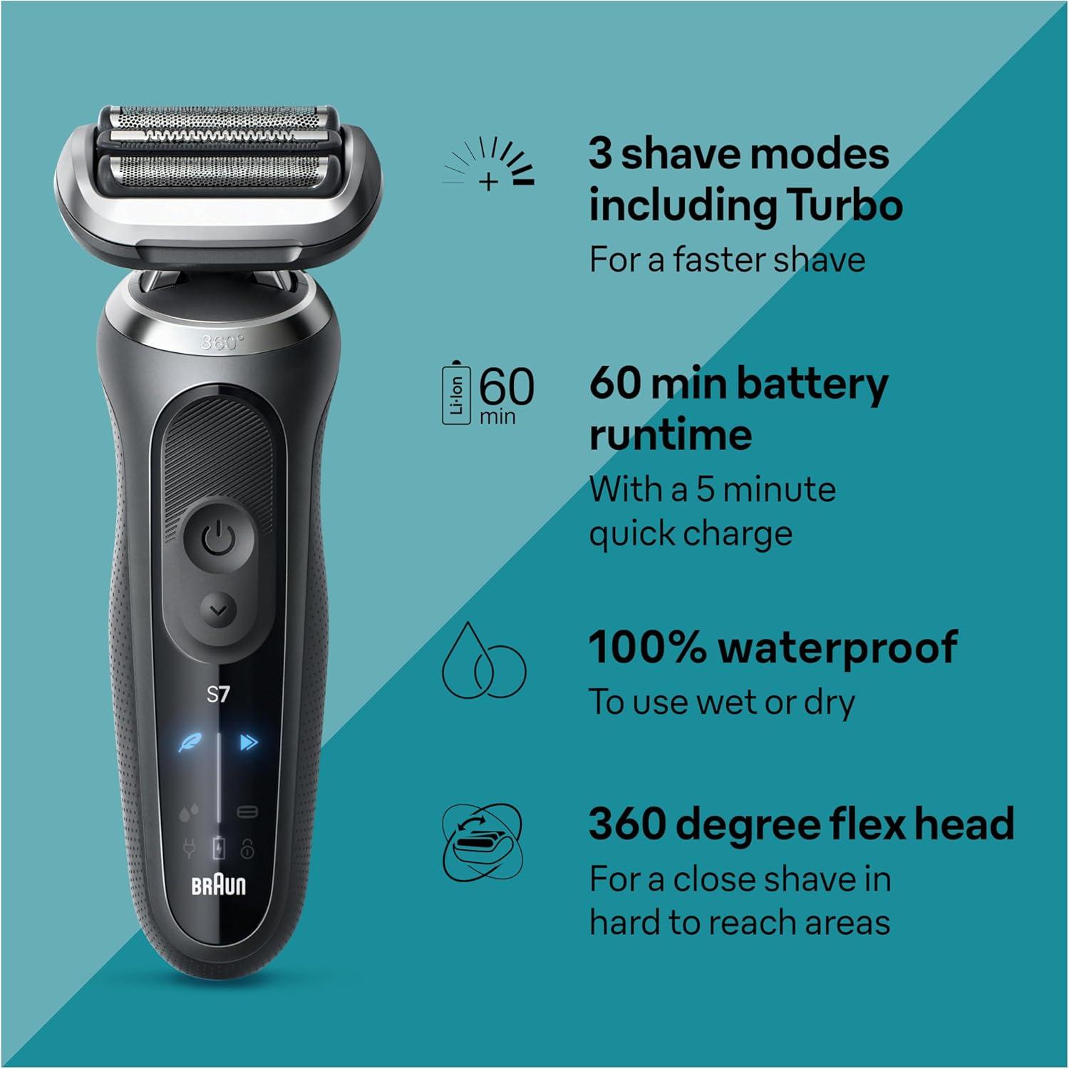 Braun Electric Shaver for Men, Series 7 7127cs, Wet & Dry Shave, Turbo & Gentle Shaving Modes, Waterproof Foil Shaver, Engineered in Germany, with Beard Trimmer, Charging Stand, Space Grey(7127cs)