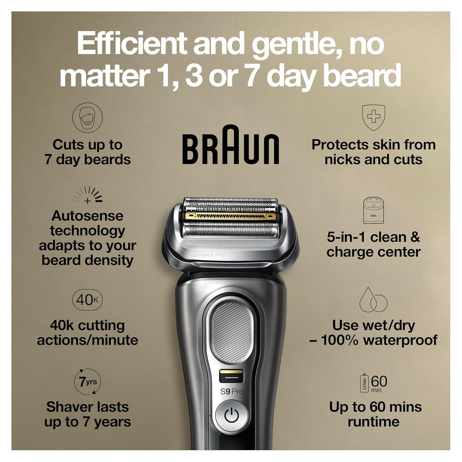Braun Series 9 Pro 9419s Electric Shaver for Men, Wet & Dry Razor, Shaving Kit with 4+1 Head with ProLift Trimmer(9465cc Shaver)