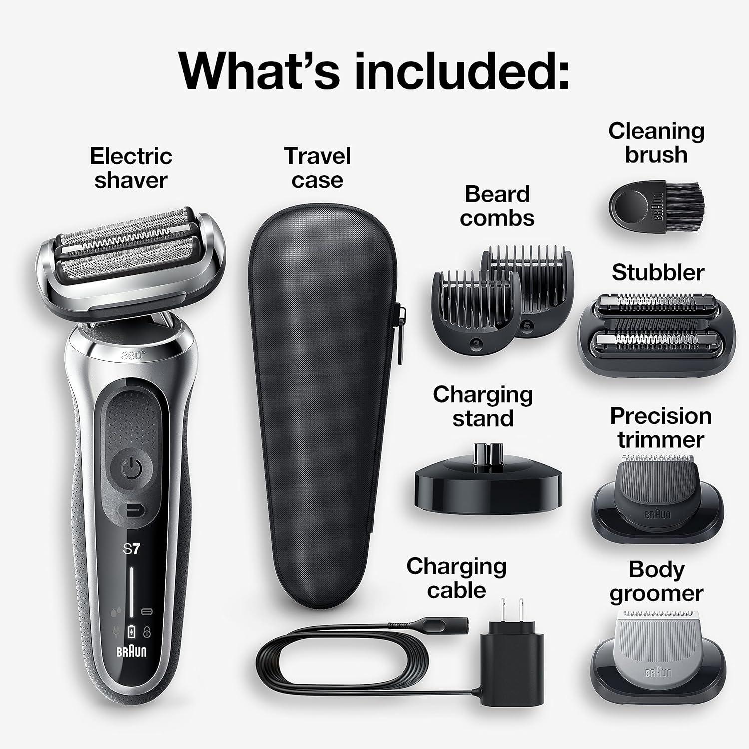 Braun Electric Shaver for Men, Series 7 7185cc, Waterproof, Wet & Dry Shave, Shaving Kit with SmartCare Center and Beard Trimmer, 3 Shave Modes, 60 Minute Battery Runtime, 10 Piece Set(Silver)