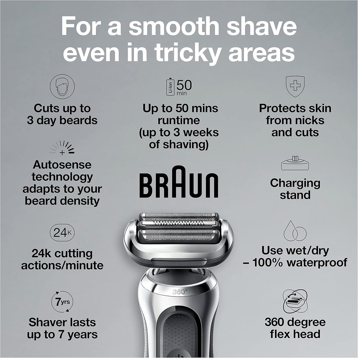 Braun Electric Shaver for Men, Series 7 7185cc, Waterproof, Wet & Dry Shave, Shaving Kit with SmartCare Center and Beard Trimmer, 3 Shave Modes, 60 Minute Battery Runtime, 10 Piece Set(Silver)