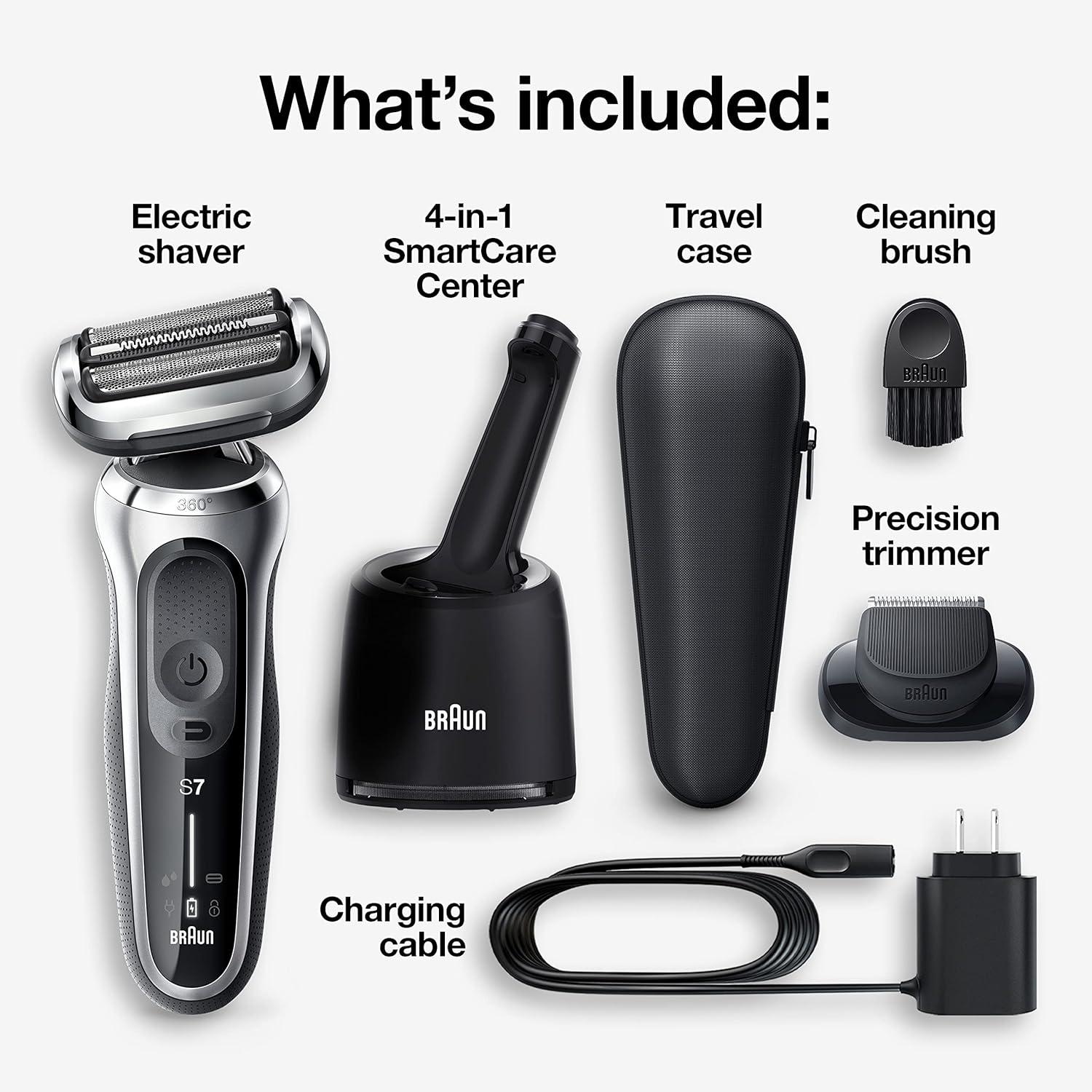 Braun Electric Shaver for Men, Series 7 7127cs, Wet & Dry Shave, Turbo & Gentle Shaving Modes, Waterproof Foil Shaver, Engineered in Germany, with Beard Trimmer, Charging Stand, Space Grey(7071cc)