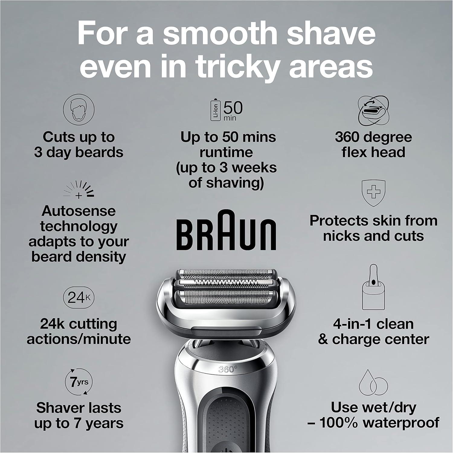 Braun Electric Shaver for Men, Series 7 7127cs, Wet & Dry Shave, Turbo & Gentle Shaving Modes, Waterproof Foil Shaver, Engineered in Germany, with Beard Trimmer, Charging Stand, Space Grey(7071cc)