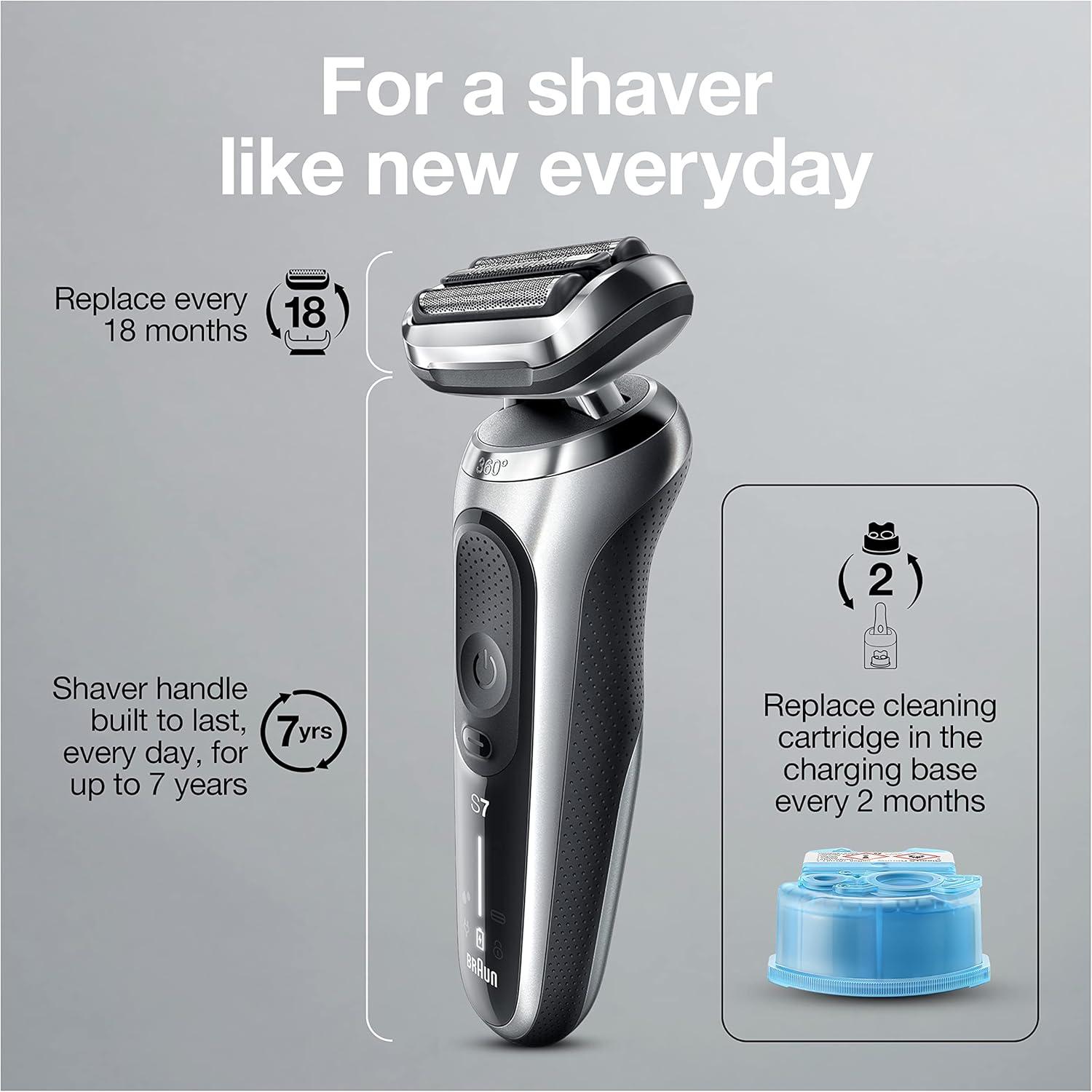 Braun Electric Shaver for Men, Series 7 7127cs, Wet & Dry Shave, Turbo & Gentle Shaving Modes, Waterproof Foil Shaver, Engineered in Germany, with Beard Trimmer, Charging Stand, Space Grey(7071cc)