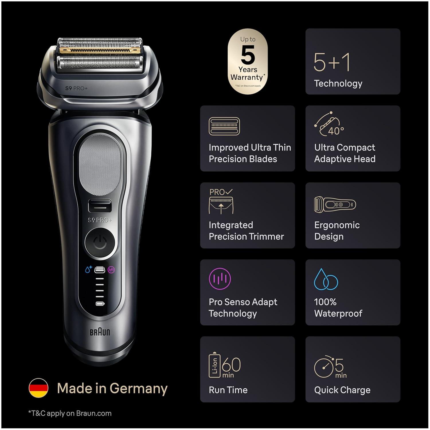 Braun Series 9 Pro 9487cc Electric Razor for Men, Wet & Dry, Rechargeable, Electric Shaver with Clean & Charge Station and ProCare Attachment, Holiday Gifts for Men(9617s)