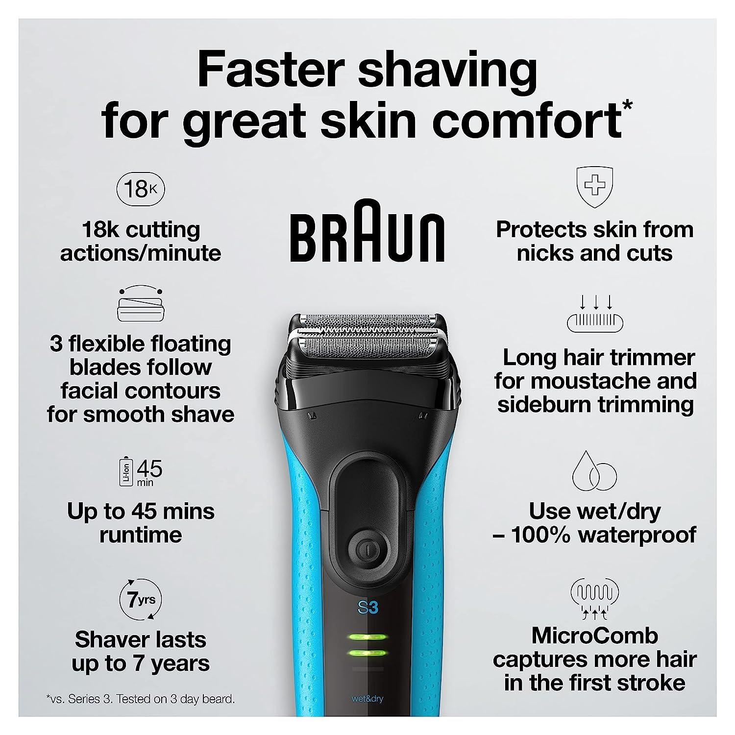 Braun Electric Series 3 Razor with Precision Trimmer, Rechargeable, Wet & Dry Foil Shaver for Men, Blue/Black, 4 Piece(Series 3 Shaver)