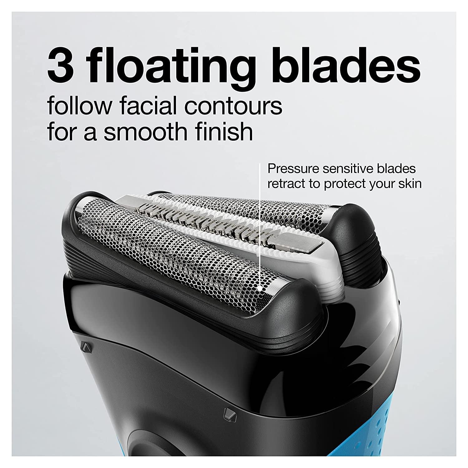 Braun Electric Series 3 Razor with Precision Trimmer, Rechargeable, Wet & Dry Foil Shaver for Men, Blue/Black, 4 Piece(Series 3 Shaver)