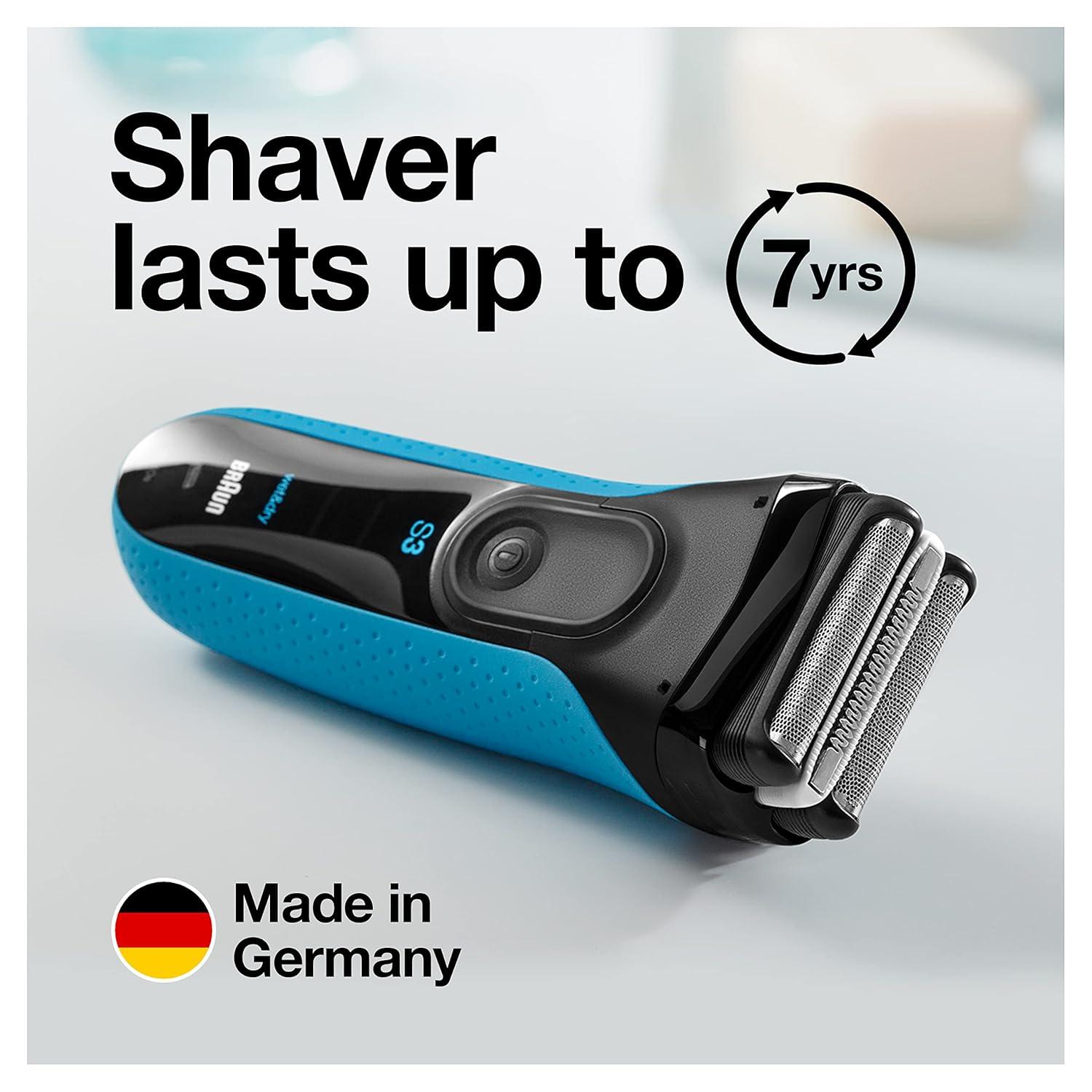 Braun Electric Series 3 Razor with Precision Trimmer, Rechargeable, Wet & Dry Foil Shaver for Men, Blue/Black, 4 Piece(Series 3 Shaver)