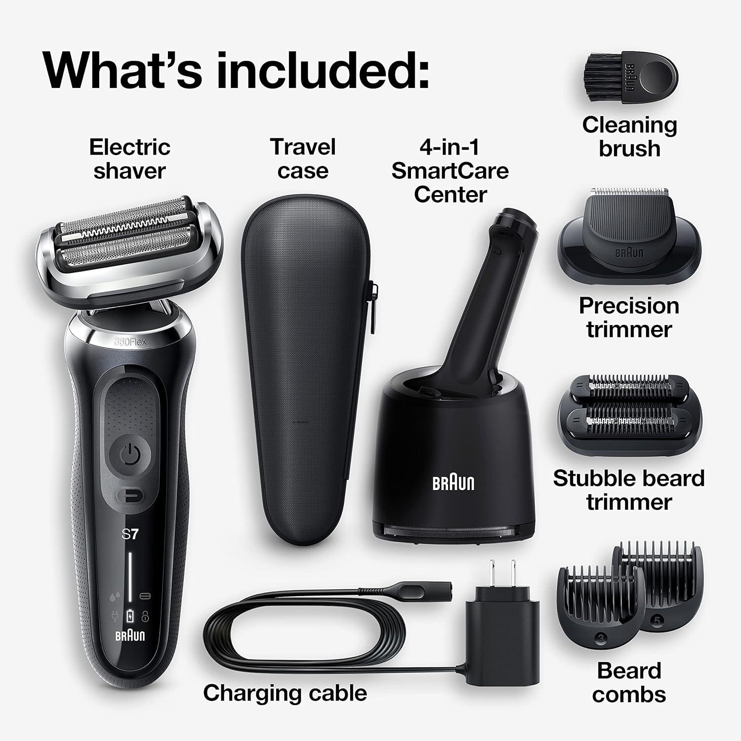 Braun Electric Shaver for Men, Series 7 7185cc, Waterproof, Wet & Dry Shave, Shaving Kit with SmartCare Center and Beard Trimmer, 3 Shave Modes, 60 Minute Battery Runtime, 10 Piece Set(Black)