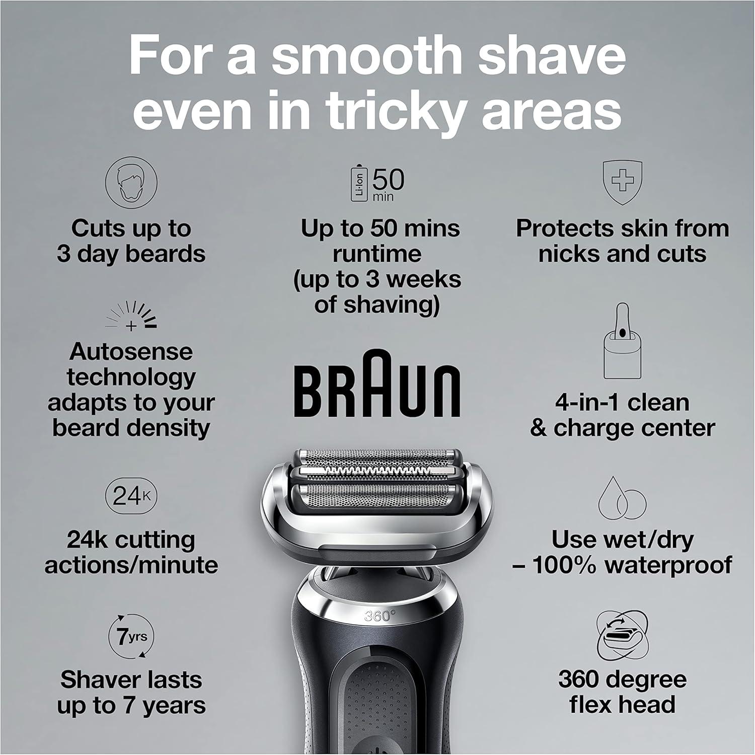 Braun Electric Shaver for Men, Series 7 7185cc, Waterproof, Wet & Dry Shave, Shaving Kit with SmartCare Center and Beard Trimmer, 3 Shave Modes, 60 Minute Battery Runtime, 10 Piece Set(Black)