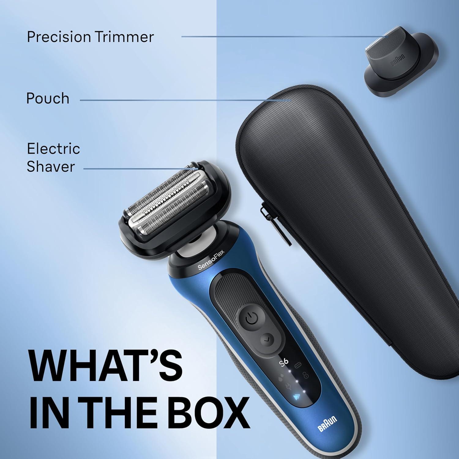 Braun Electric Shaver for Men, Series 6 6120s, Wet & Dry Shave, Turbo & Gentle Shaving Modes, with Precision Trimmer & Pouch, Blue(Blue)