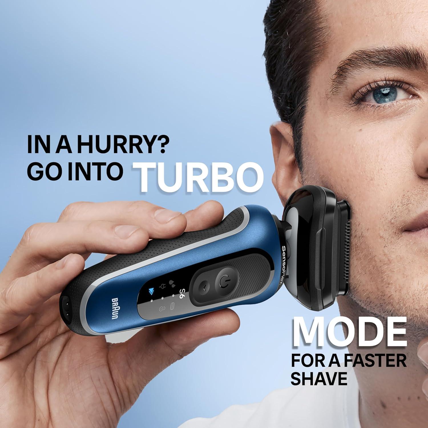 Braun Electric Shaver for Men, Series 6 6120s, Wet & Dry Shave, Turbo & Gentle Shaving Modes, with Precision Trimmer & Pouch, Blue(Blue)