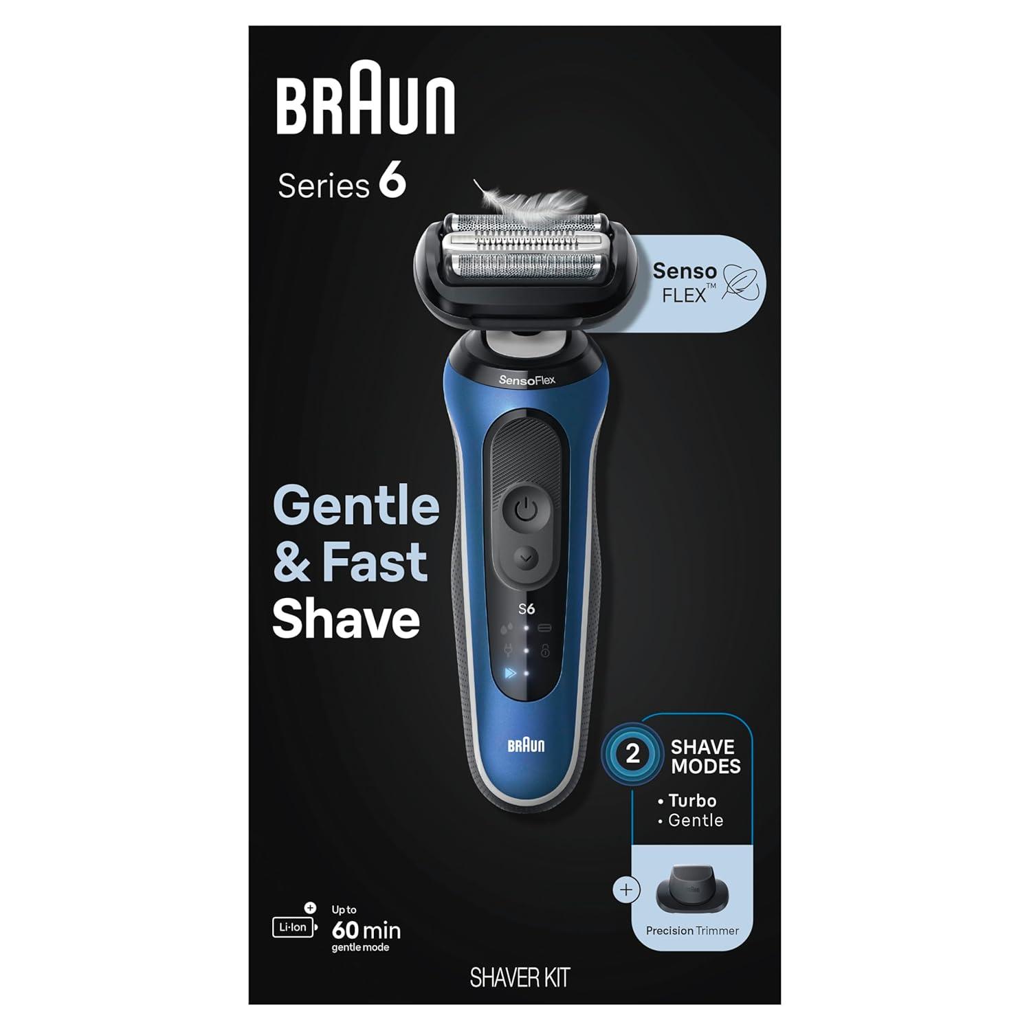 Braun Electric Shaver for Men, Series 6 6120s, Wet & Dry Shave, Turbo & Gentle Shaving Modes, with Precision Trimmer & Pouch, Blue(Blue)