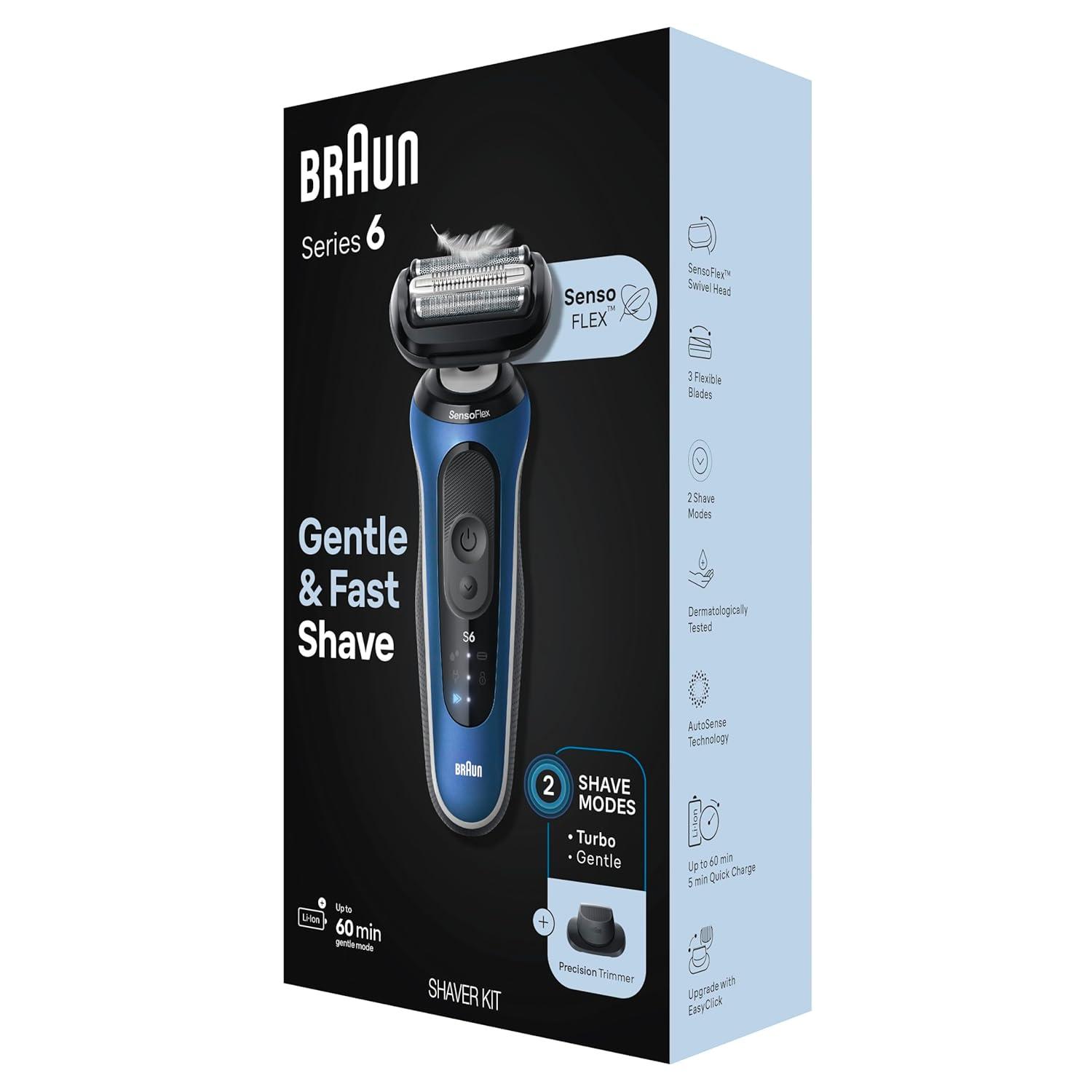 Braun Electric Shaver for Men, Series 6 6120s, Wet & Dry Shave, Turbo & Gentle Shaving Modes, with Precision Trimmer & Pouch, Blue(Blue)