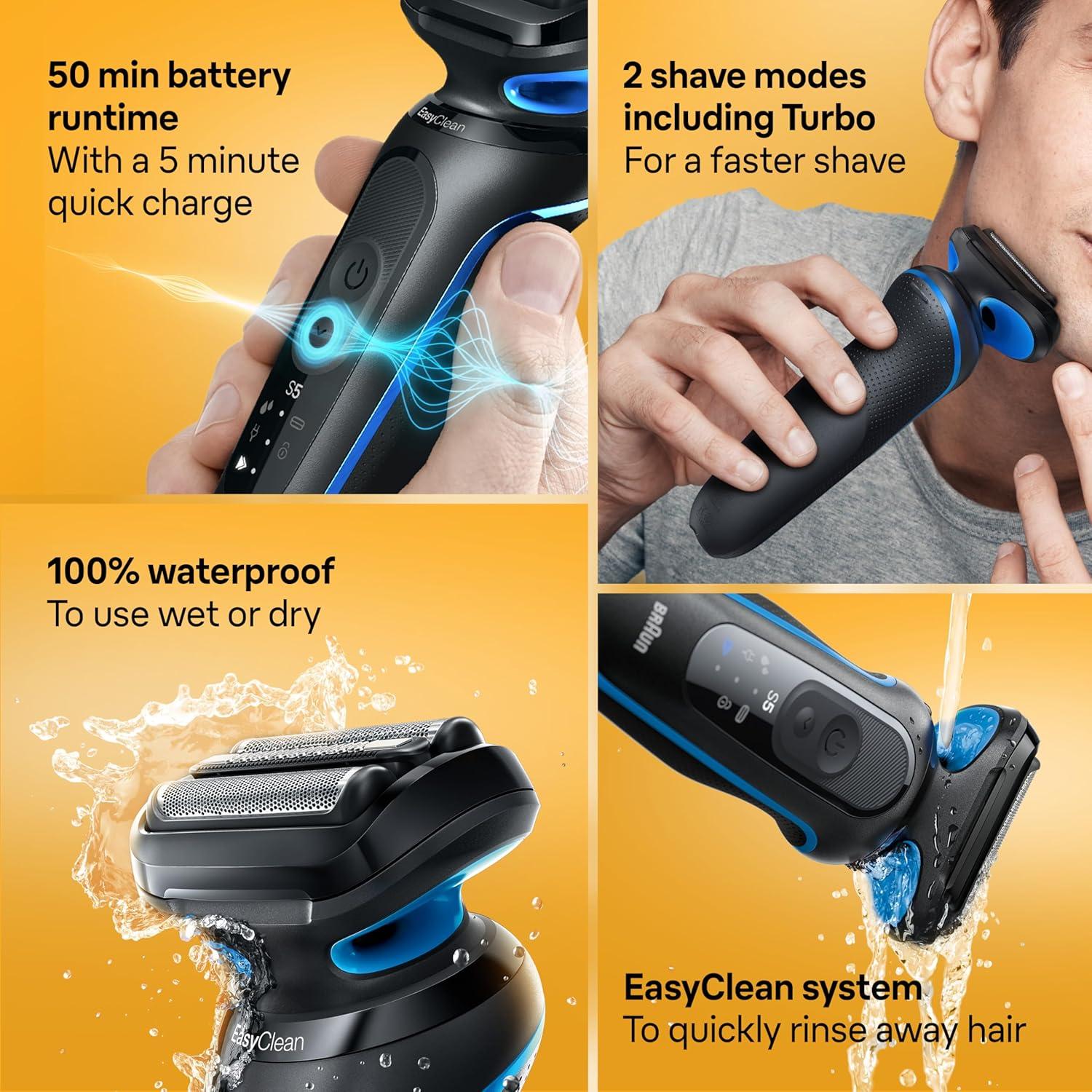 Braun Electric Shaver for Men, Series 5 5118s, Waterproof, Wet & Dry Shave, Turbo Shaving Mode, Foil Shaver with Precision Trimmer, Battery Powered, 50 Minute Battery Runtime(Blue)