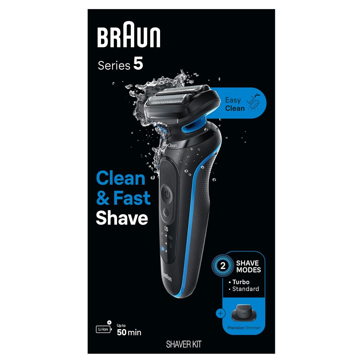 Braun Electric Shaver for Men, Series 5 5118s, Waterproof, Wet & Dry Shave, Turbo Shaving Mode, Foil Shaver with Precision Trimmer, Battery Powered, 50 Minute Battery Runtime(Blue)