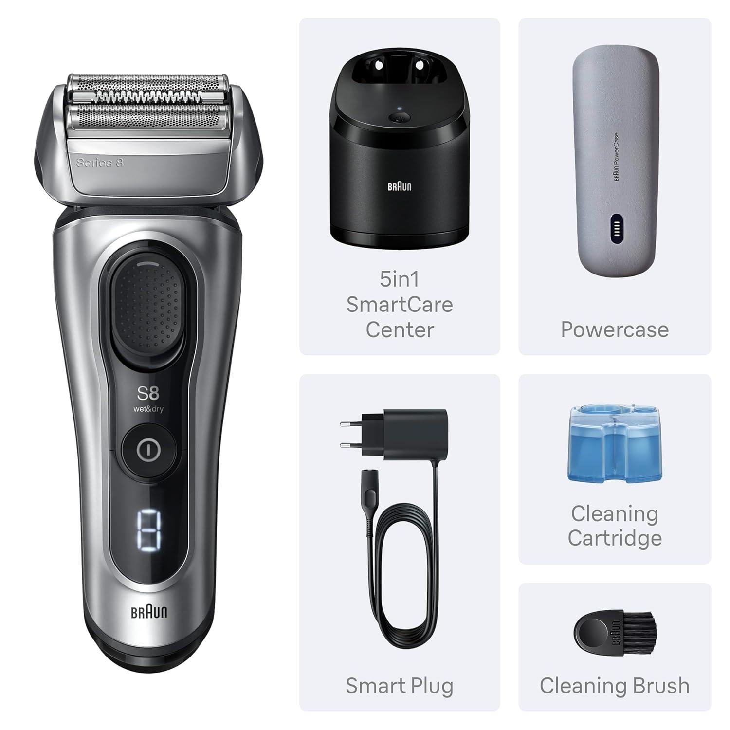 Braun Series 8 Electric Shaver, Shaving Kit with 4+1 Shaving Elements, Precision Long Hair Trimmer, SmartCare Center, PowerCase