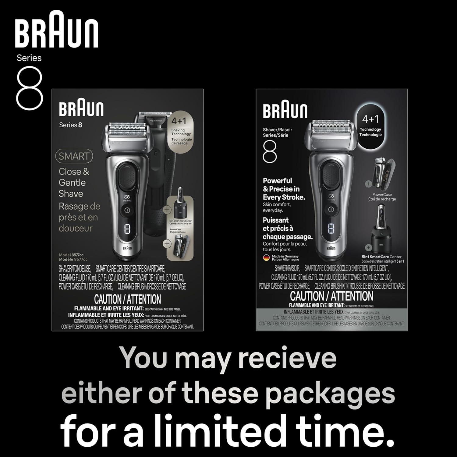 Braun Series 8 Electric Shaver, Shaving Kit with 4+1 Shaving Elements, Precision Long Hair Trimmer, SmartCare Center, PowerCase