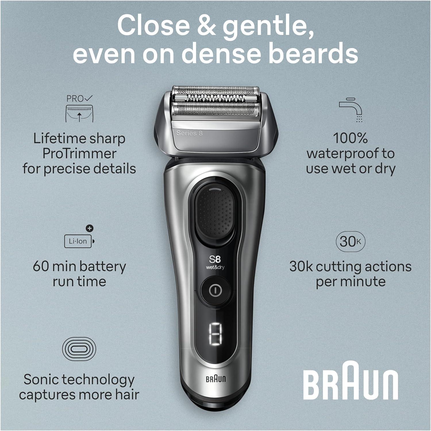 Braun Series 8 8560cc Electric Razor for Men, 4+1 Shaving Elements & Precision Long Hair Trimmer, 5in1 SmartCare Center, Close & Gentle Even on Dense Beards, Wet & Dry Electric Razor, 60min Runtime(Silver)