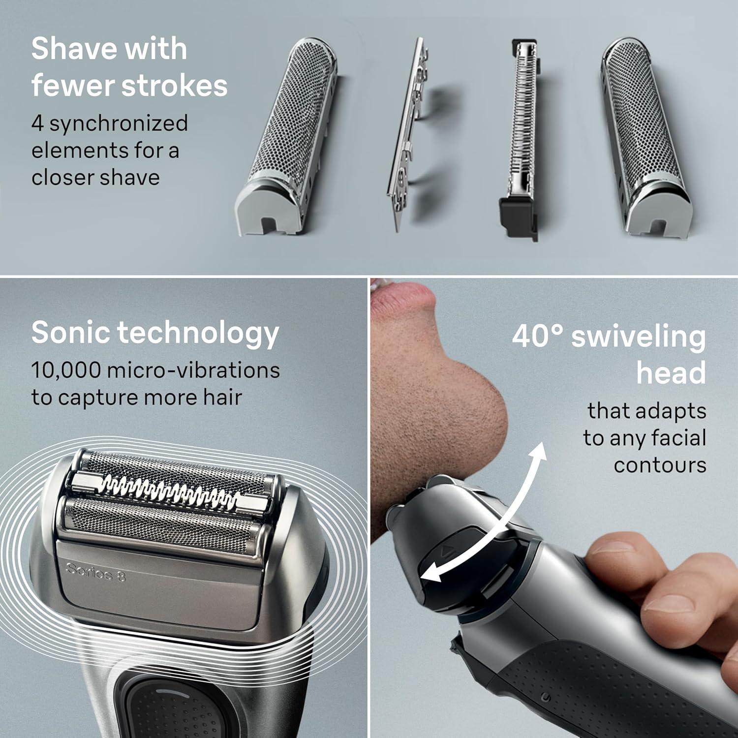 Braun Series 8 8560cc Electric Razor for Men, 4+1 Shaving Elements & Precision Long Hair Trimmer, 5in1 SmartCare Center, Close & Gentle Even on Dense Beards, Wet & Dry Electric Razor, 60min Runtime(Silver)