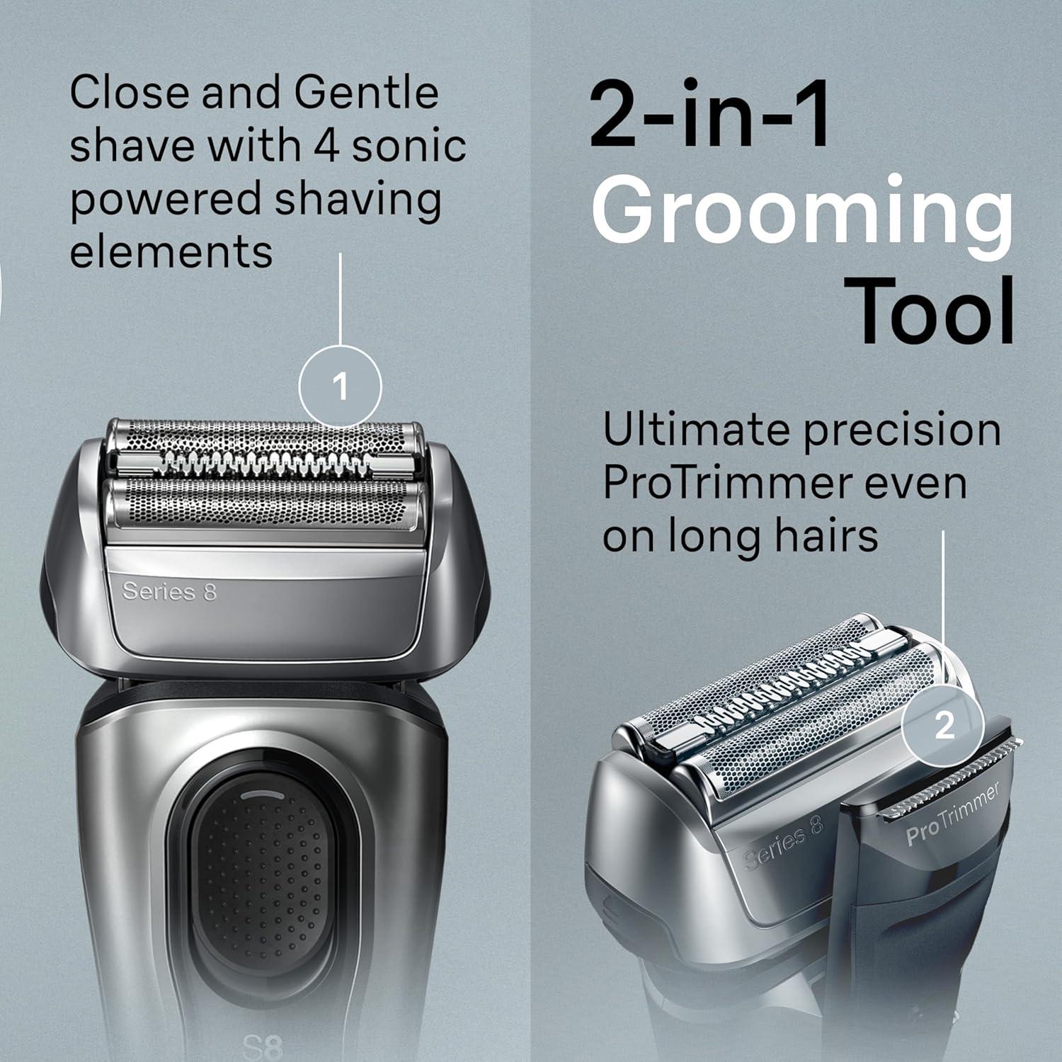 Braun Series 8 8560cc Electric Razor for Men, 4+1 Shaving Elements & Precision Long Hair Trimmer, 5in1 SmartCare Center, Close & Gentle Even on Dense Beards, Wet & Dry Electric Razor, 60min Runtime(Silver)