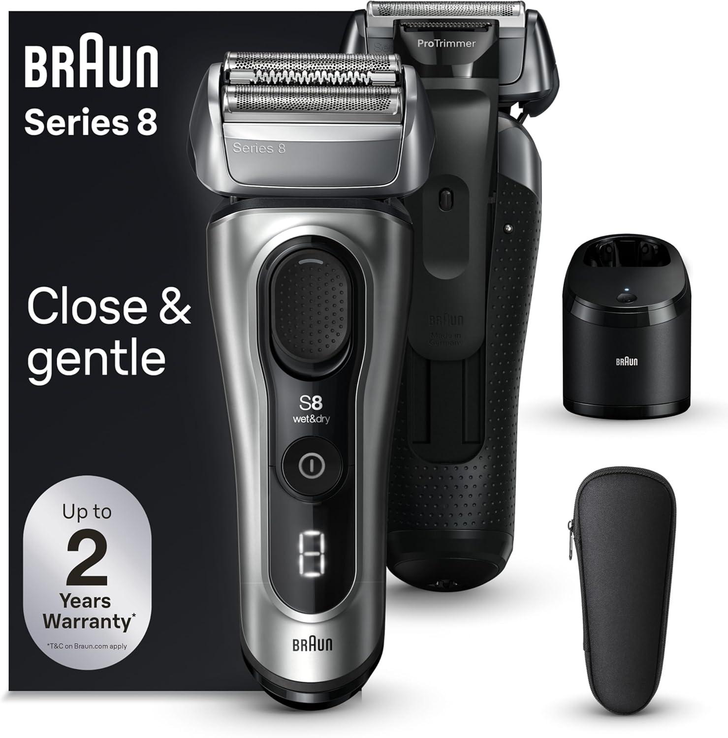 Braun Series 8 8560cc Electric Razor for Men, 4+1 Shaving Elements & Precision Long Hair Trimmer, 5in1 SmartCare Center, Close & Gentle Even on Dense Beards, Wet & Dry Electric Razor, 60min Runtime(Silver)