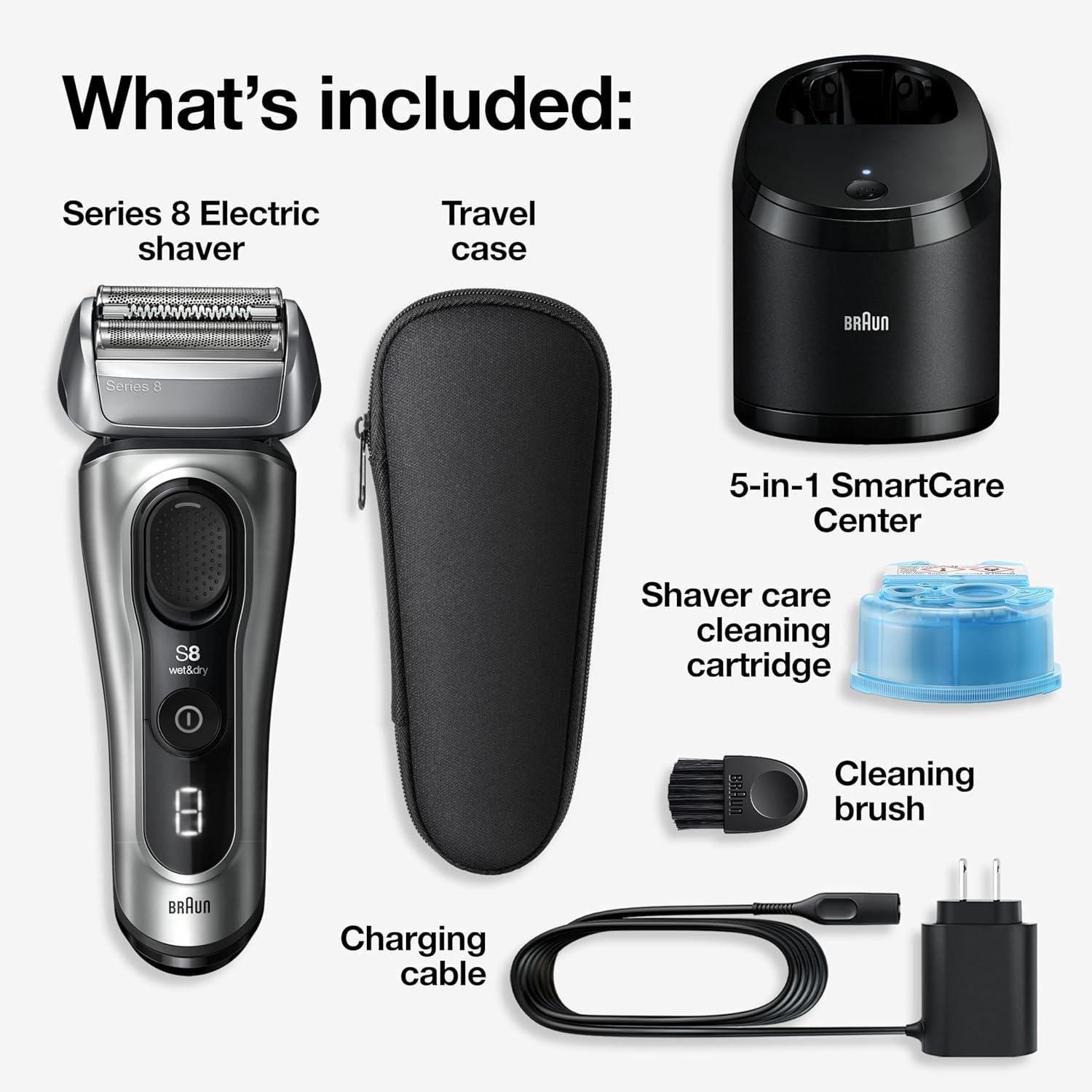 Braun Series 8 8560cc Electric Razor for Men, 4+1 Shaving Elements & Precision Long Hair Trimmer, 5in1 SmartCare Center, Close & Gentle Even on Dense Beards, Wet & Dry Electric Razor, 60min Runtime(Silver)