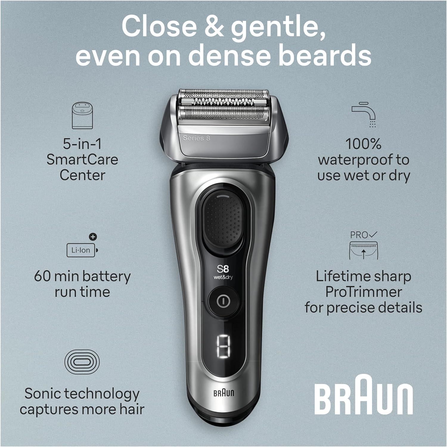 Braun Series 8 8560cc Electric Razor for Men, 4+1 Shaving Elements & Precision Long Hair Trimmer, 5in1 SmartCare Center, Close & Gentle Even on Dense Beards, Wet & Dry Electric Razor, 60min Runtime(Silver)
