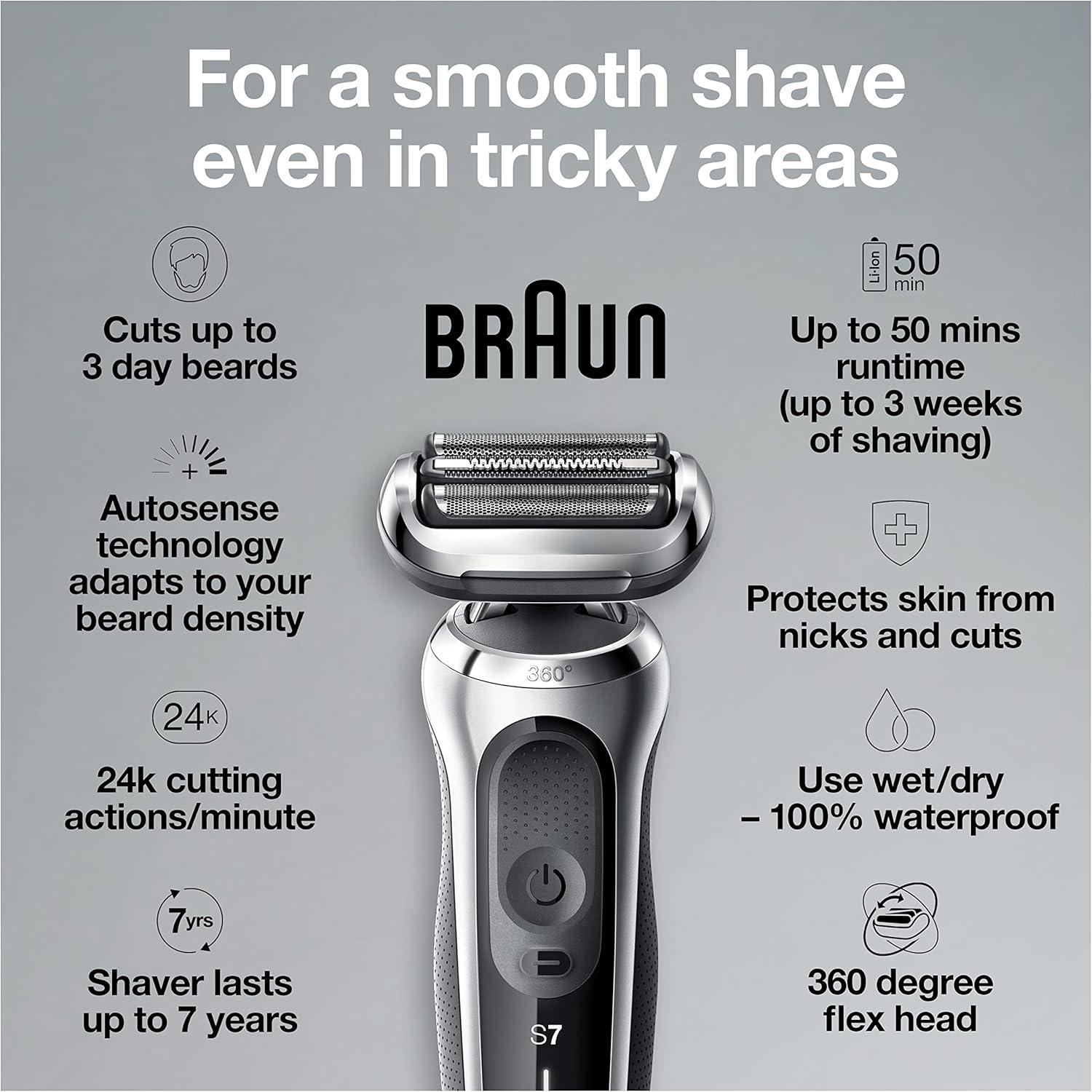 Braun Electric Shaver for Men, Series 7 7120s, Wet & Dry Shave, Turbo & Gentle Shaving Modes, Waterproof Foil Shaver, with Precision Trimmer, Space Grey(Silver)