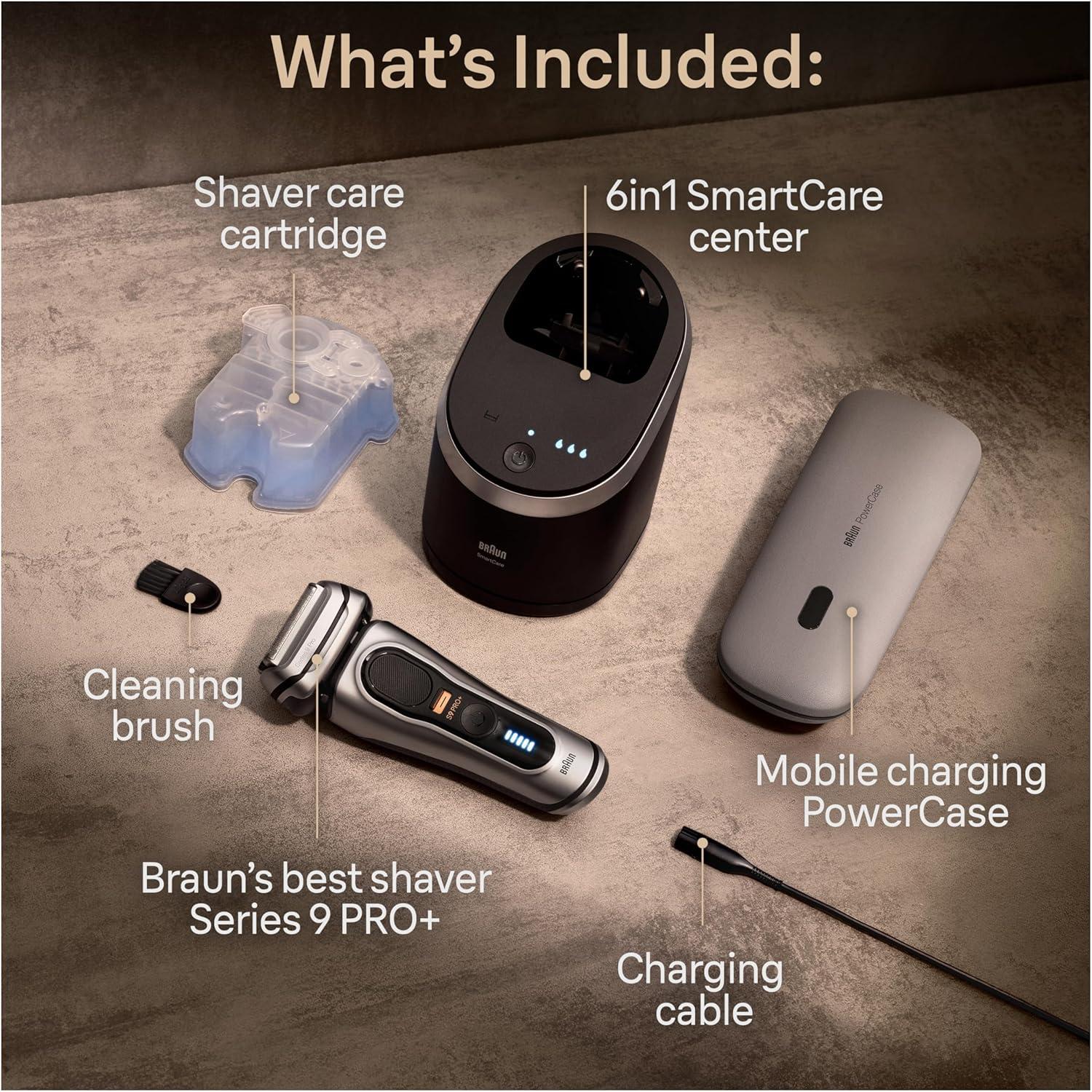 Braun Series 9 PRO+ Electric Razor for Men, 5 Pro Shaving Elements and Shave-Preparing ProComfort Head for Closeness & Skin Comfort, 6in1 SmartCare Center, Wet or Dry Shaver, Charging Stand, 9597cc(Silver)