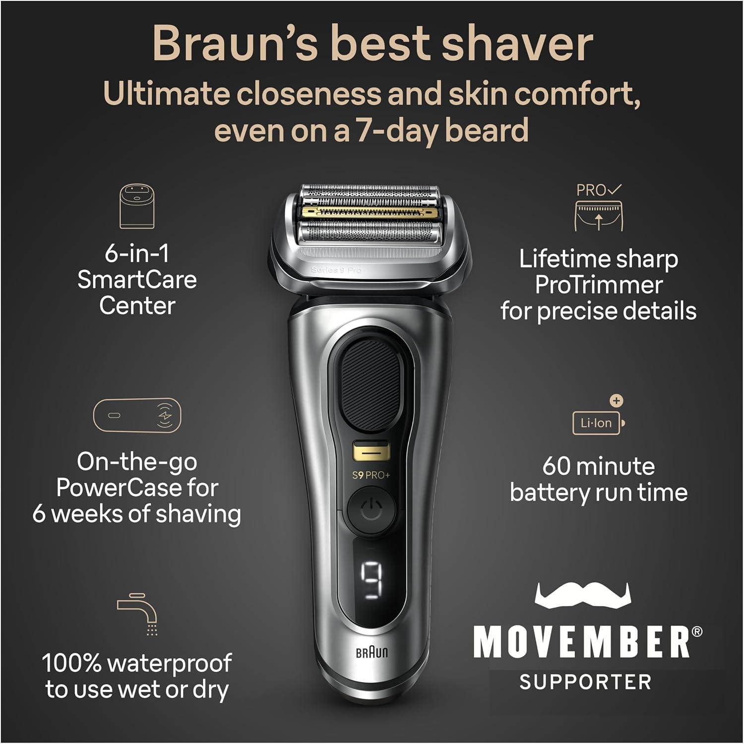 Braun Series 9 PRO+ Electric Razor for Men, 5 Pro Shaving Elements and Shave-Preparing ProComfort Head for Closeness & Skin Comfort, 6in1 SmartCare Center, Wet or Dry Shaver, Charging Stand, 9597cc(Silver)