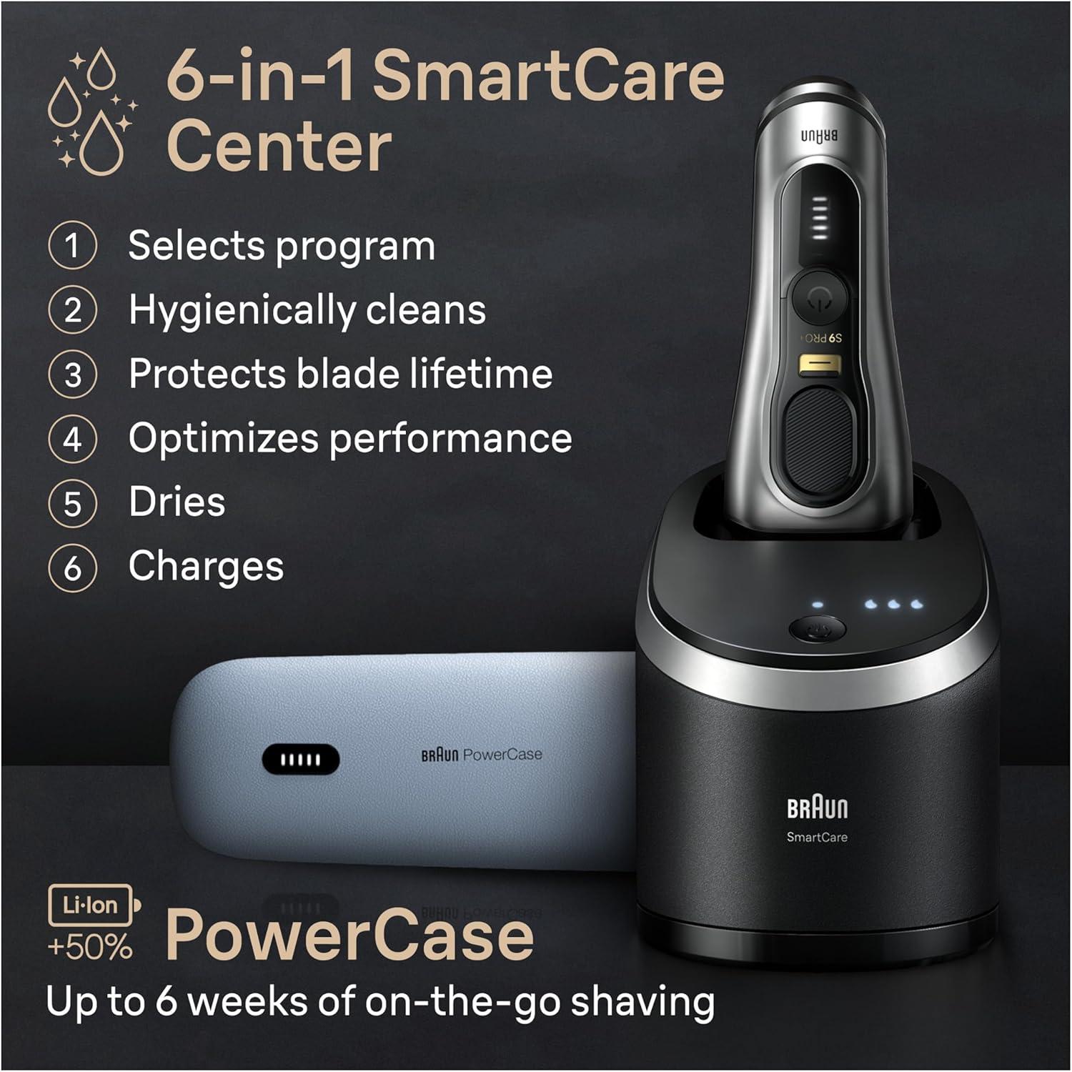 Braun Series 9 PRO+ Electric Razor for Men, 5 Pro Shaving Elements and Shave-Preparing ProComfort Head for Closeness & Skin Comfort, 6in1 SmartCare Center, Wet or Dry Shaver, Charging Stand, 9597cc(Silver)