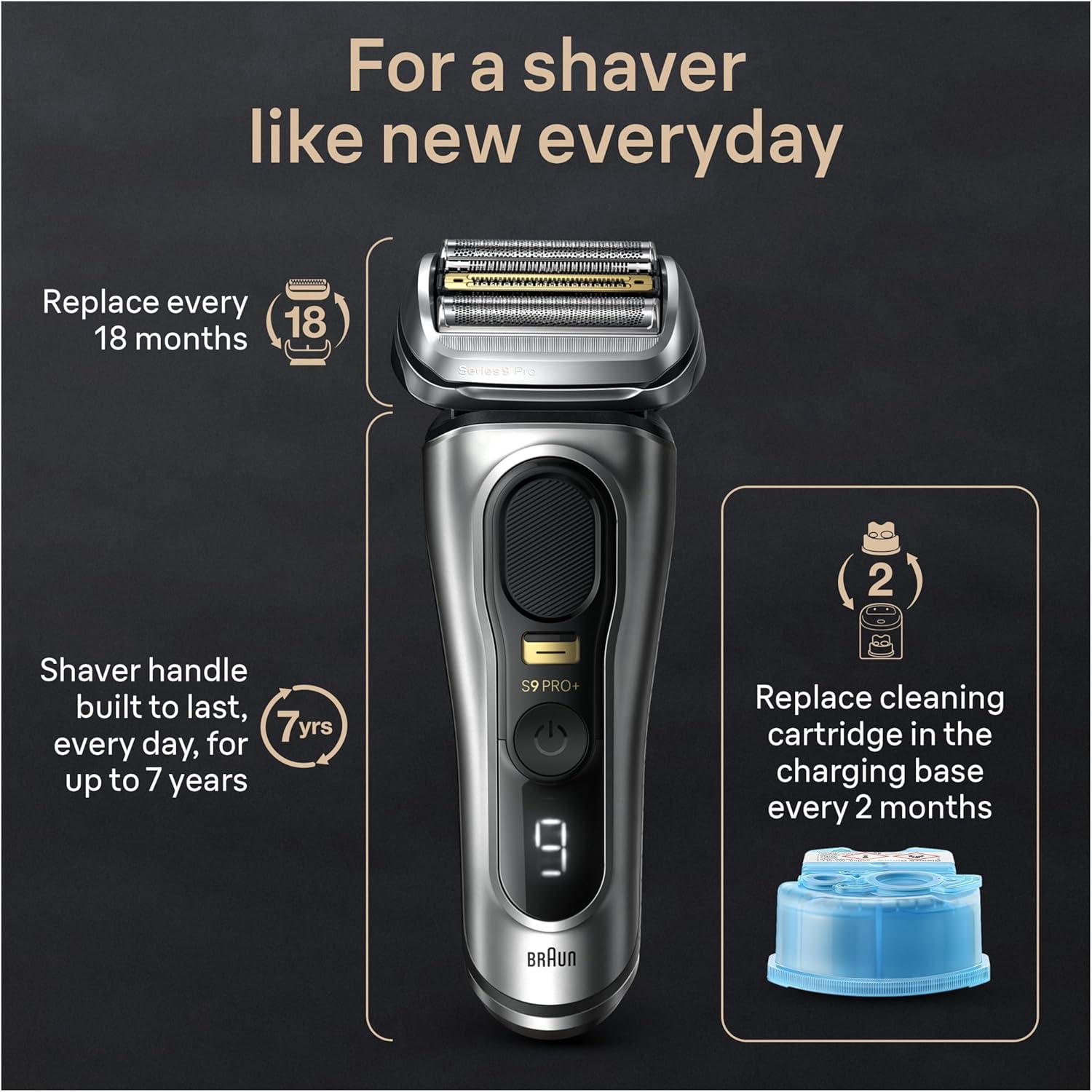 Braun Series 9 PRO+ Electric Razor for Men, 5 Pro Shaving Elements and Shave-Preparing ProComfort Head for Closeness & Skin Comfort, 6in1 SmartCare Center, Wet or Dry Shaver, Charging Stand, 9597cc(Silver)
