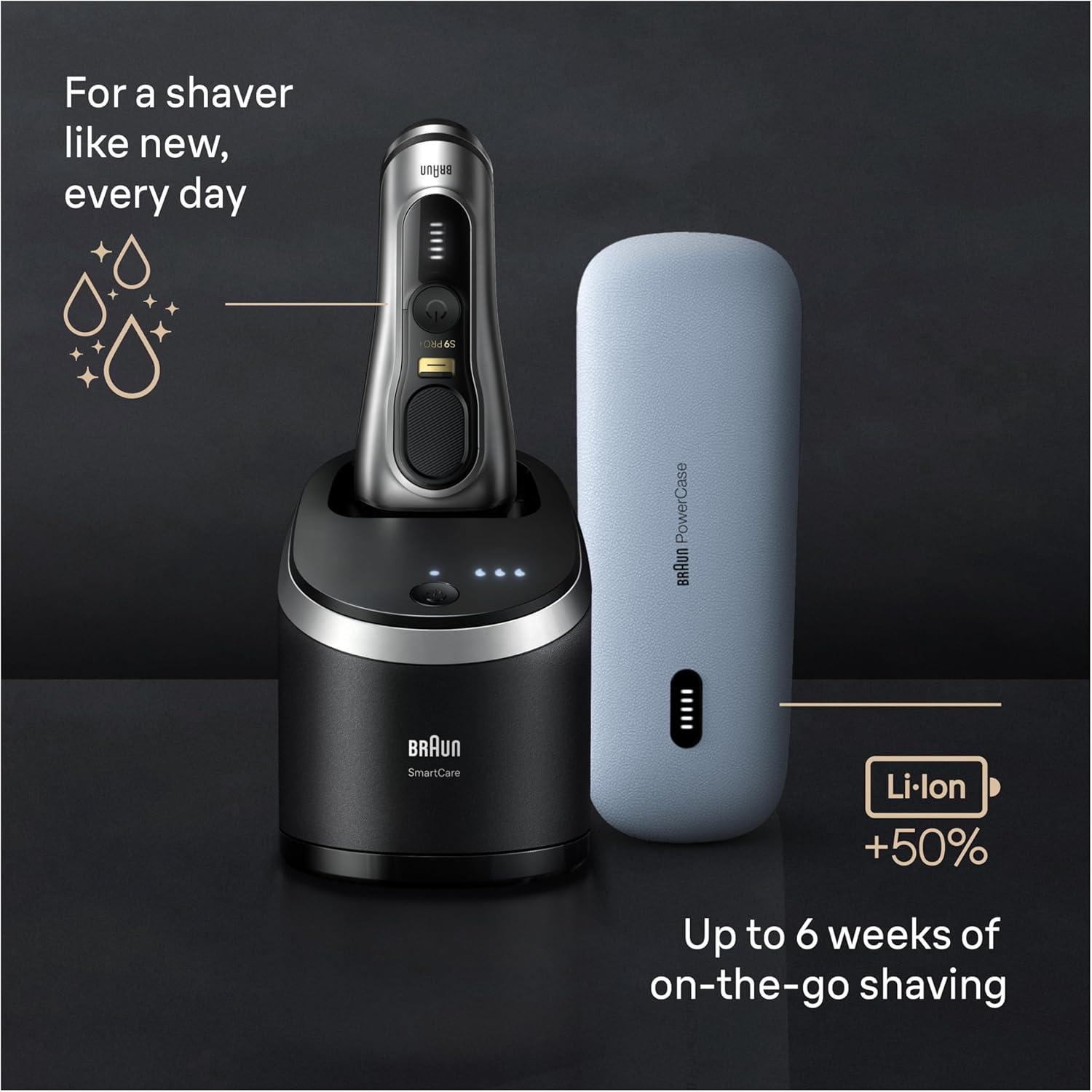 Braun Series 9 PRO+ Electric Razor for Men, 5 Pro Shaving Elements and Shave-Preparing ProComfort Head for Closeness & Skin Comfort, 6in1 SmartCare Center, Wet or Dry Shaver, Charging Stand, 9597cc(Silver)