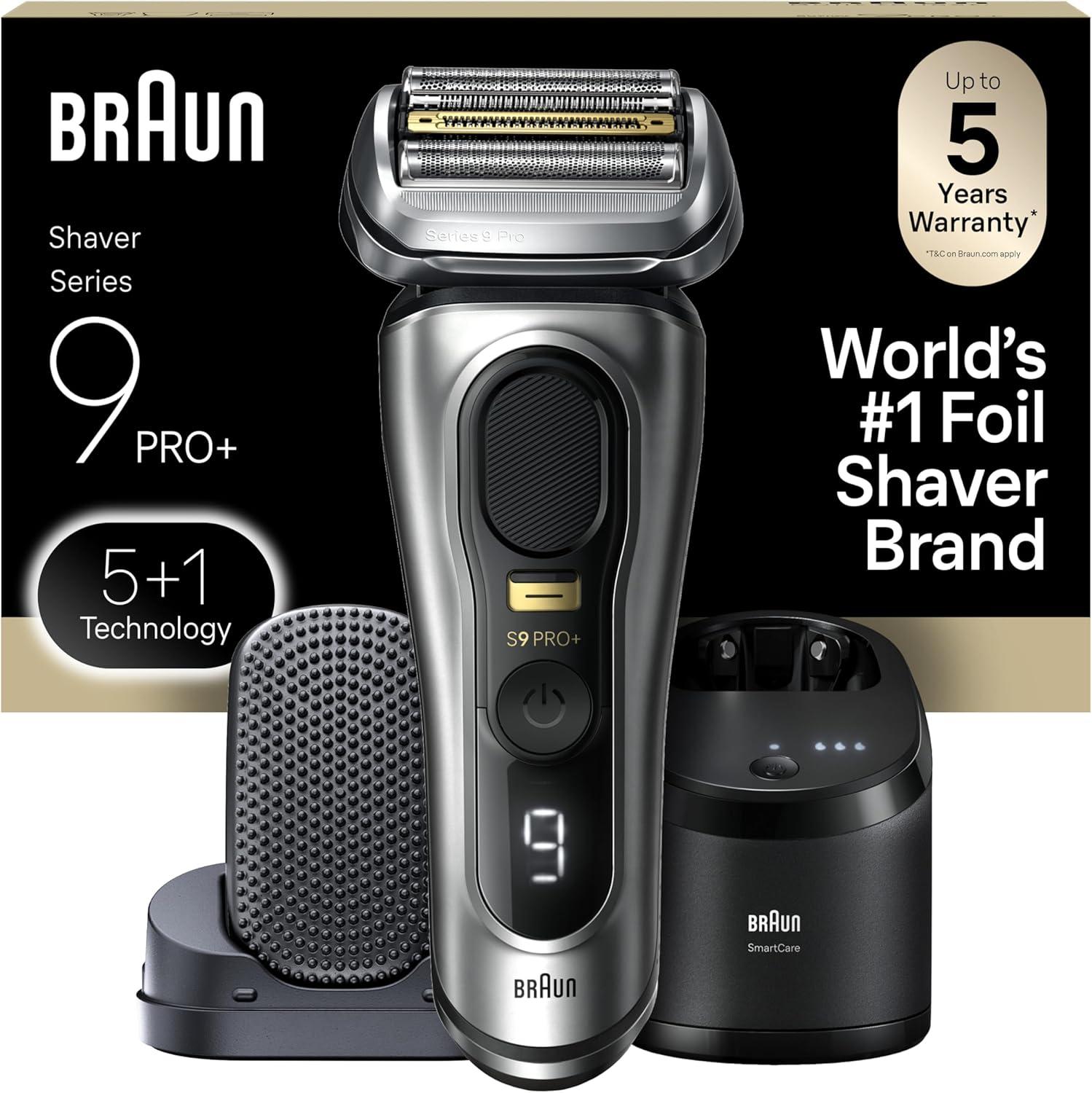 Braun Series 9 PRO+ Electric Razor for Men, 5 Pro Shaving Elements and Shave-Preparing ProComfort Head for Closeness & Skin Comfort, 6in1 SmartCare Center, Wet or Dry Shaver, Charging Stand, 9597cc(Silver)