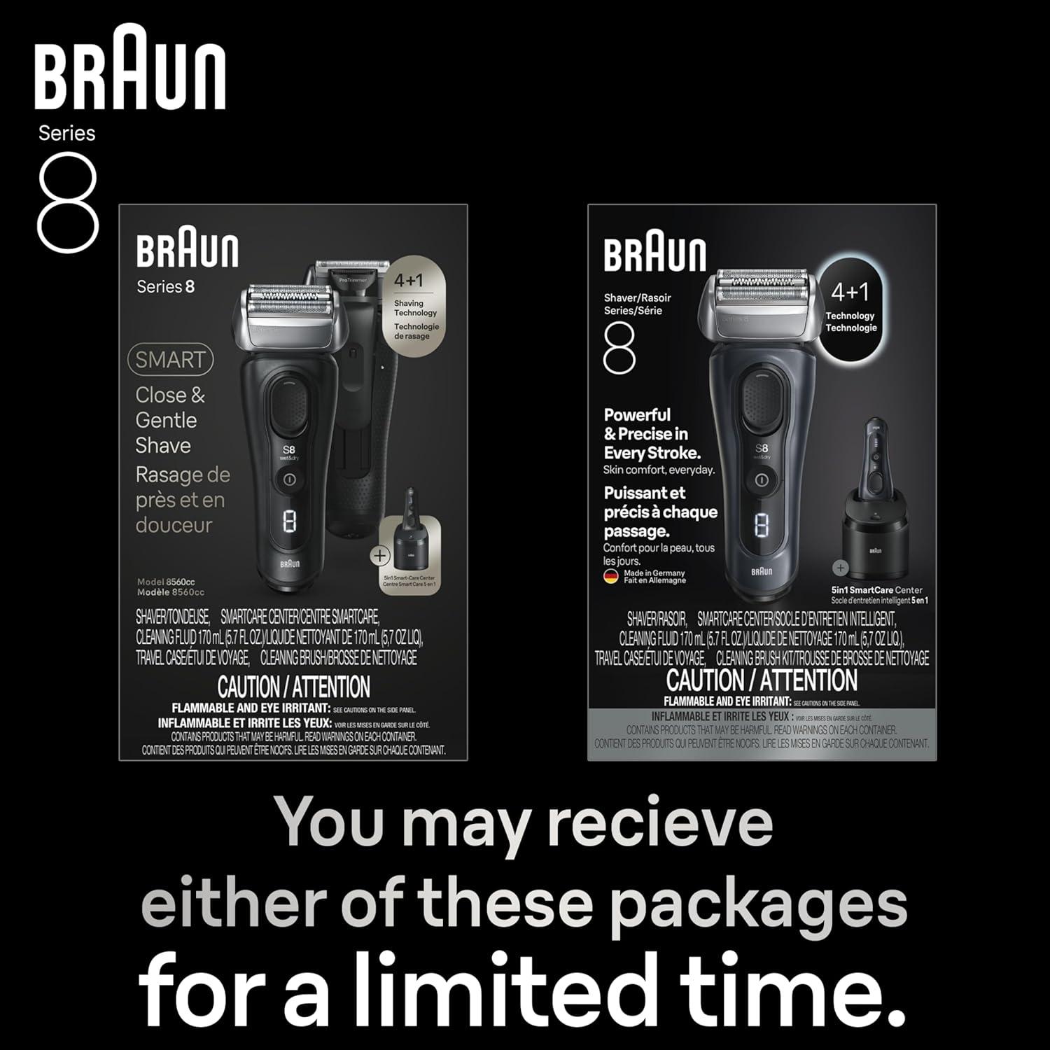 Braun Series 8 8560cc Electric Razor for Men, 4+1 Shaving Elements & Precision Long Hair Trimmer, 5in1 SmartCare Center, Close & Gentle Even on Dense Beards, Wet & Dry Electric Razor, 60min Runtime(Black)