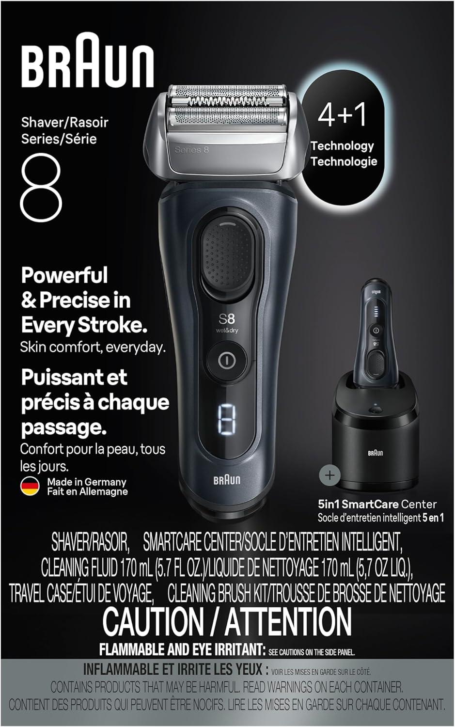 Braun Series 8 8560cc Electric Razor for Men, 4+1 Shaving Elements & Precision Long Hair Trimmer, 5in1 SmartCare Center, Close & Gentle Even on Dense Beards, Wet & Dry Electric Razor, 60min Runtime(Black)