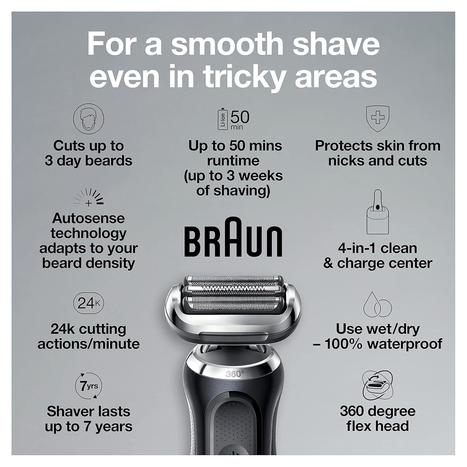 Braun Electric Shaver for Men, Series 7 7177cc, Wet & Dry Shave, Turbo & Gentle Shaving Modes, Waterproof Foil Shaver, Space Grey(Black)