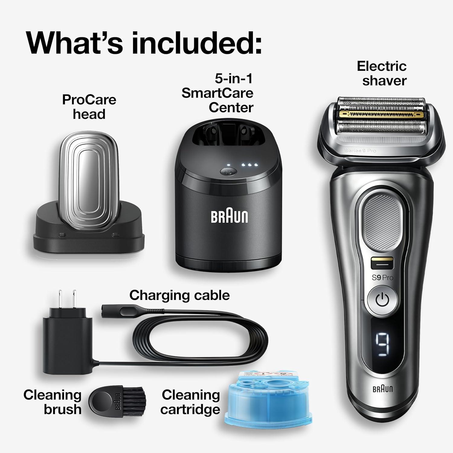 Braun Series 9 Pro 9487cc Electric Razor for Men, Wet & Dry, Rechargeable, Electric Shaver with Clean & Charge Station and ProCare Attachment, Holiday Gifts for Men(9487cc)