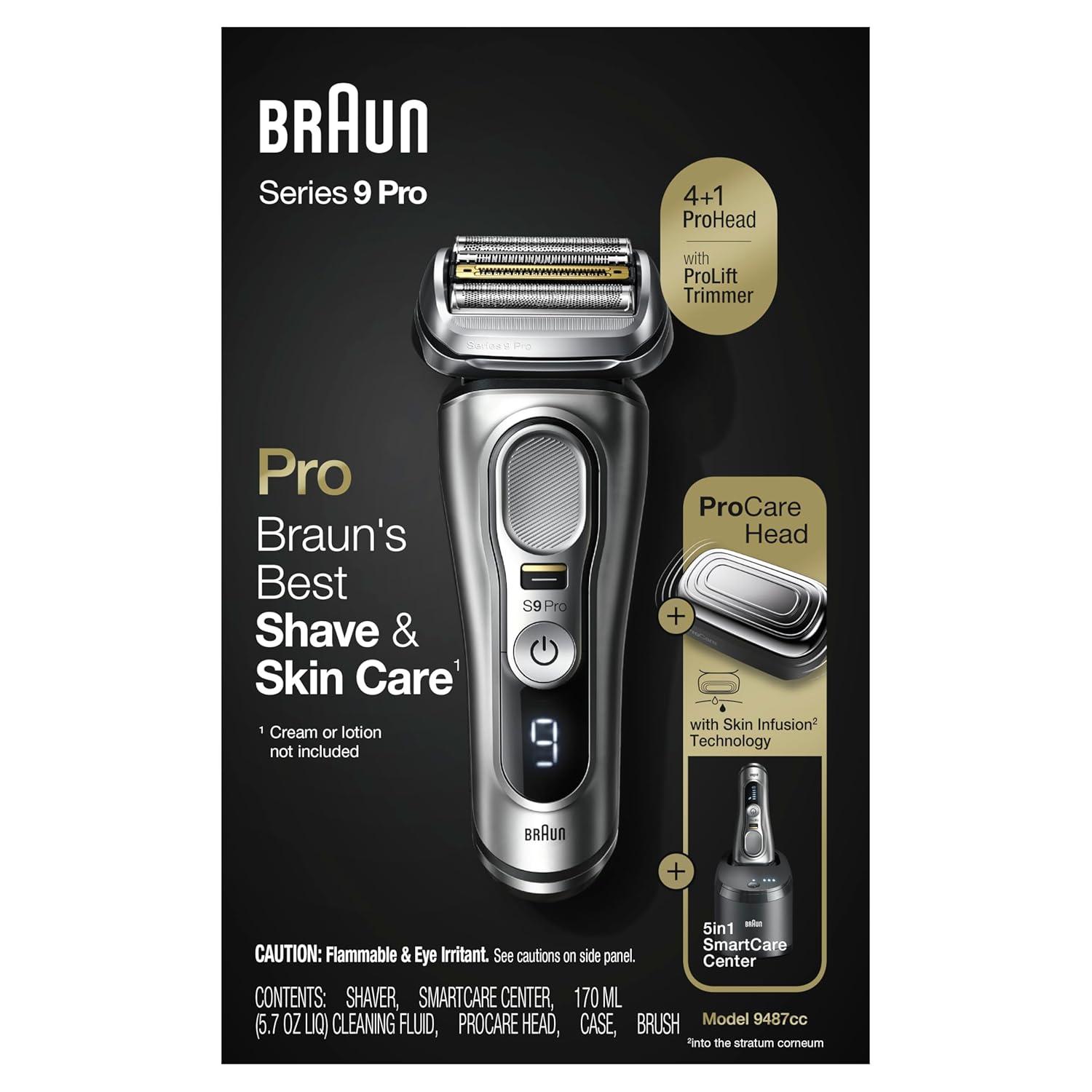 Braun Series 9 Pro 9487cc Electric Razor for Men, Wet & Dry, Rechargeable, Electric Shaver with Clean & Charge Station and ProCare Attachment, Holiday Gifts for Men(9487cc)