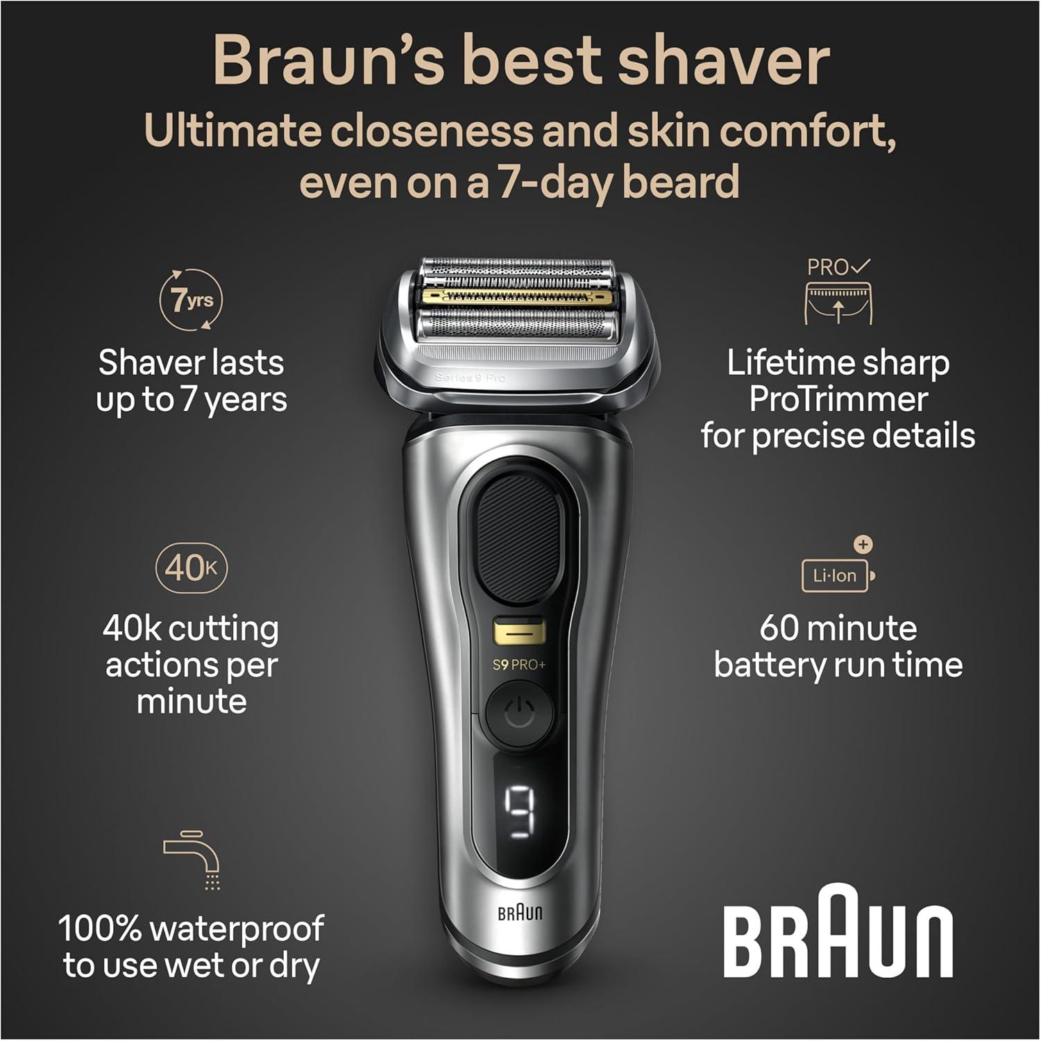 Braun Series 9 PRO+ Electric Razor for Men, 5 Pro Shave Elements & Precision Long Hair Trimmer, 6in1 SmartCare Center, Wet & Dry Electric Shaver for Smooth Skin with 60min Battery Runtime, 9517s(Silver)