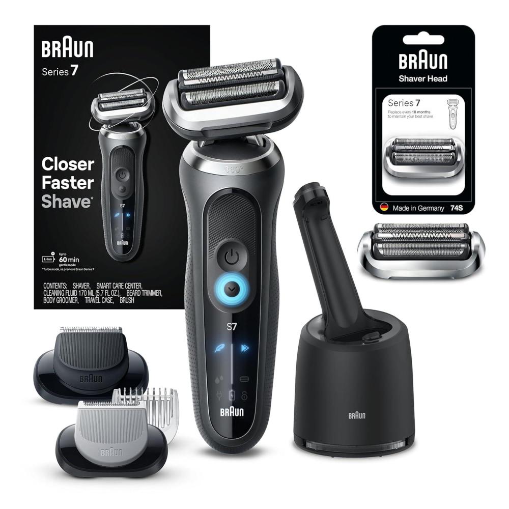 Braun Electric Shaver for Men, Series 7 7177cc, Wet & Dry Shave, Turbo & Gentle Shaving Modes, Waterproof Foil Shaver, Space Grey(Silver)