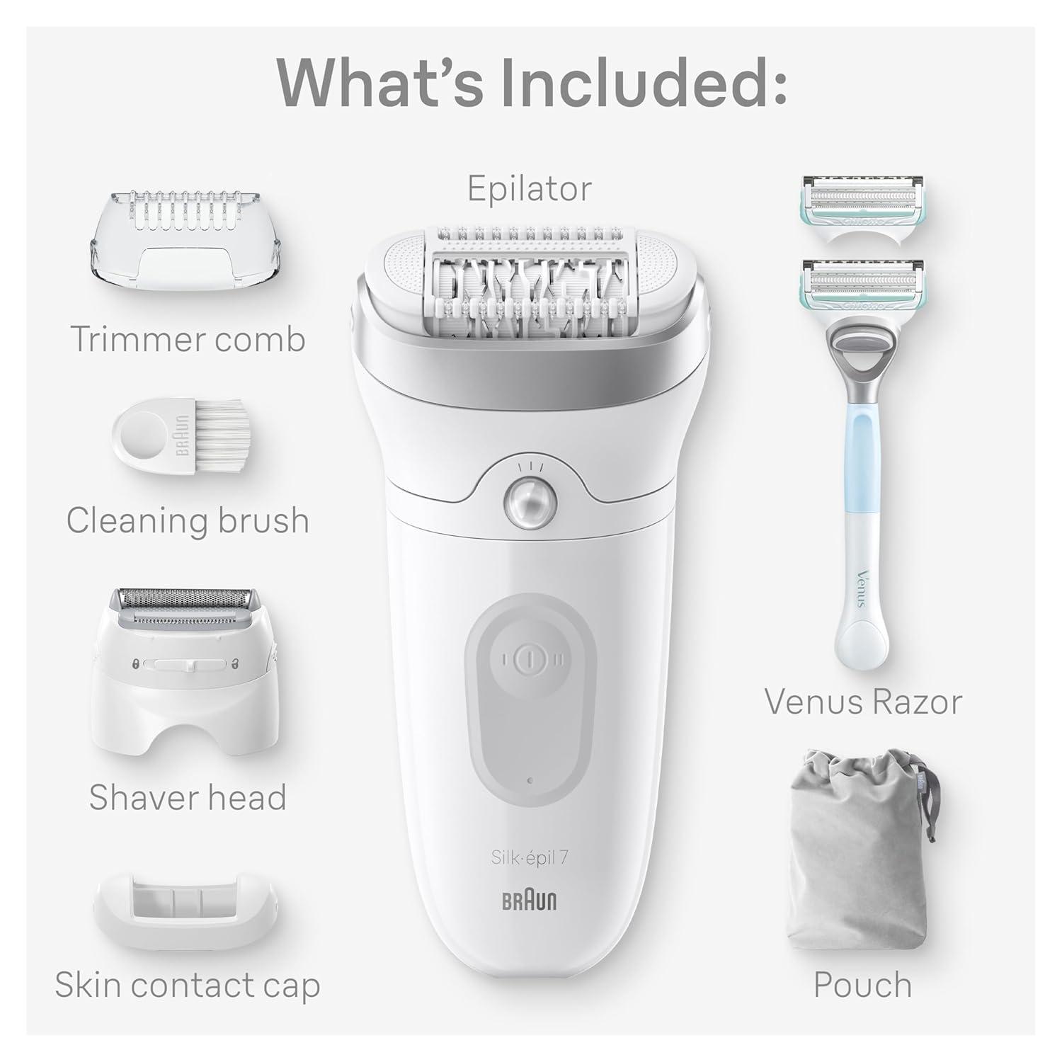 Braun Epilator Silk-épil 7, Hair Removal Device, Women Shaver & Trimmer, Wet and Dry, Wide Head, Includes Shaver Head and Trimmer Comb, SE7-041, Silver(7-141)